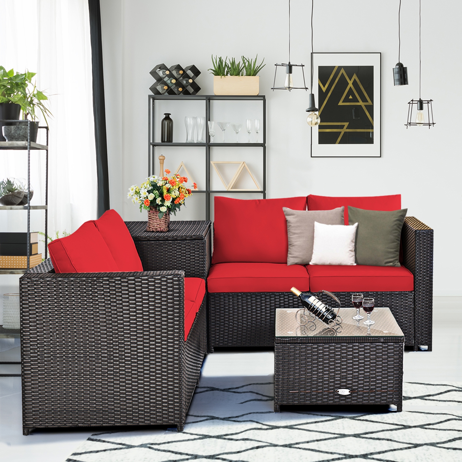 Gymax 8PCS Cushioned Rattan Patio Conversation Set w/ Side Table Red Cushion