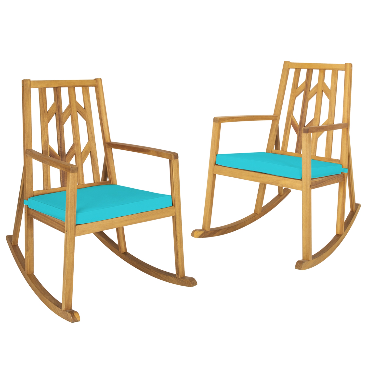 Gymax Set of 2 Outdoor Acacia Wood Rocking Chair Wooden Patio Rocker w/ Turquoise Cushion