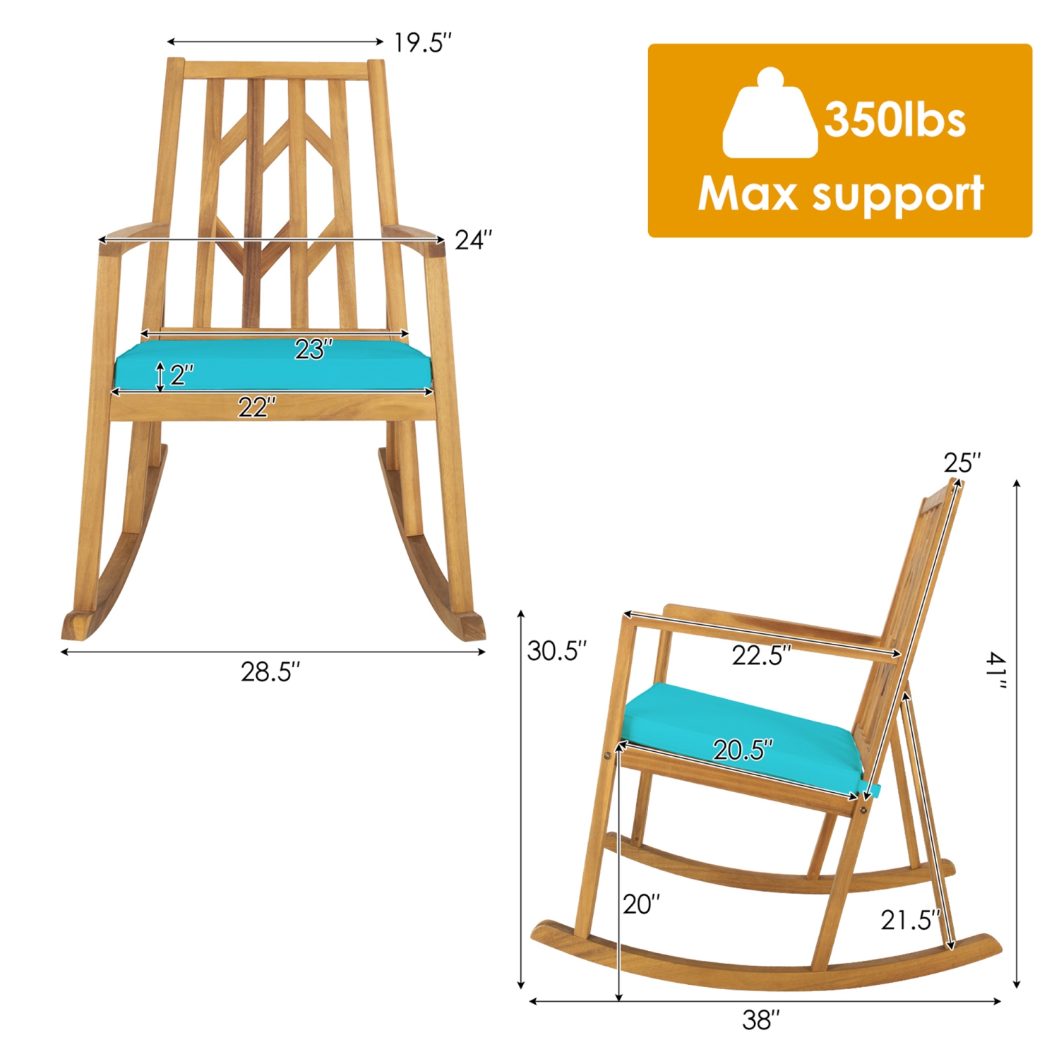 Gymax Set of 2 Outdoor Acacia Wood Rocking Chair Wooden Patio Rocker w/ Turquoise Cushion