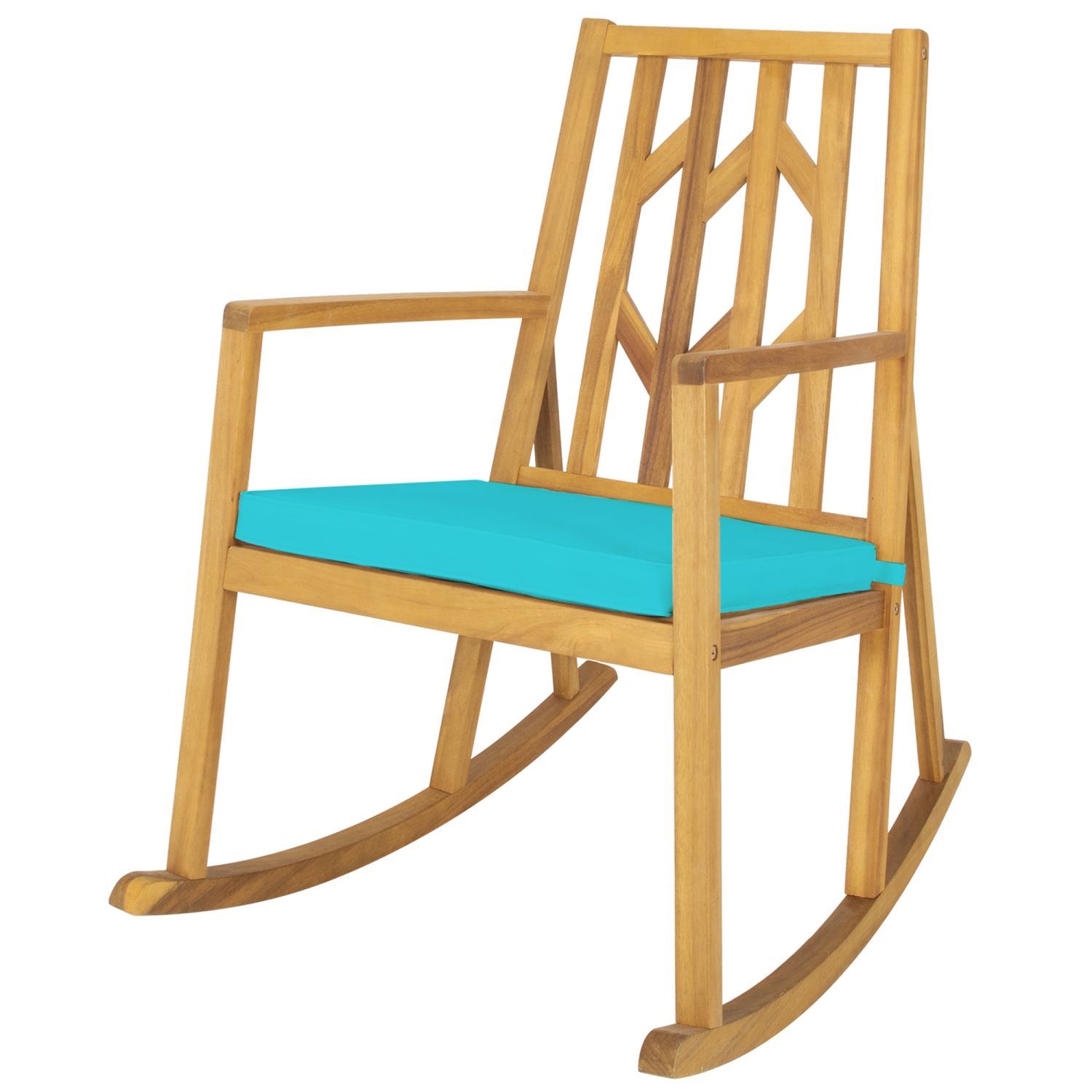 Gymax Set of 2 Outdoor Acacia Wood Rocking Chair Wooden Patio Rocker w/ Turquoise Cushion