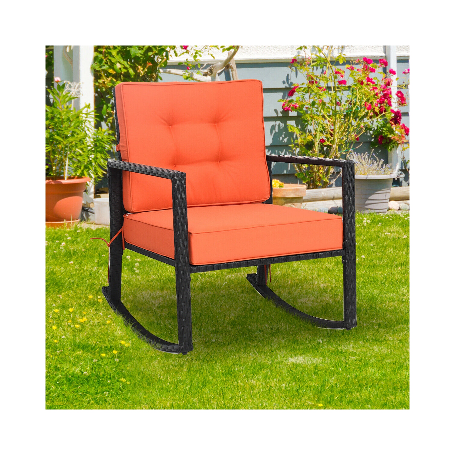 Gymax 2PCS Outdoor Wicker Rocking Chair Patio Lawn Rattan Single Chair Glider w/ Cushion