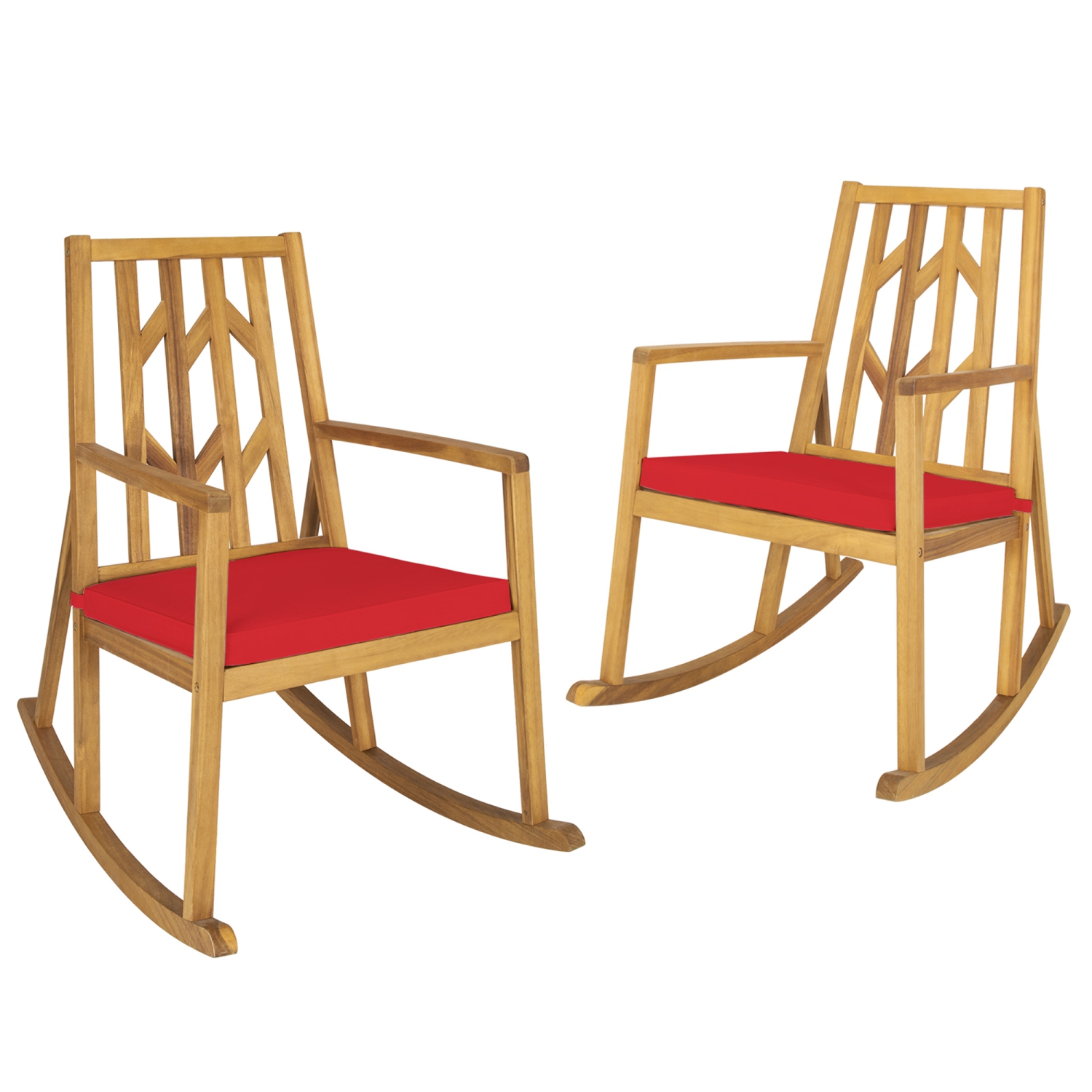 Ensemble de 2 chaises berçantes extérieures en bois d’acacia pour patio avec coussin rouge Gymax