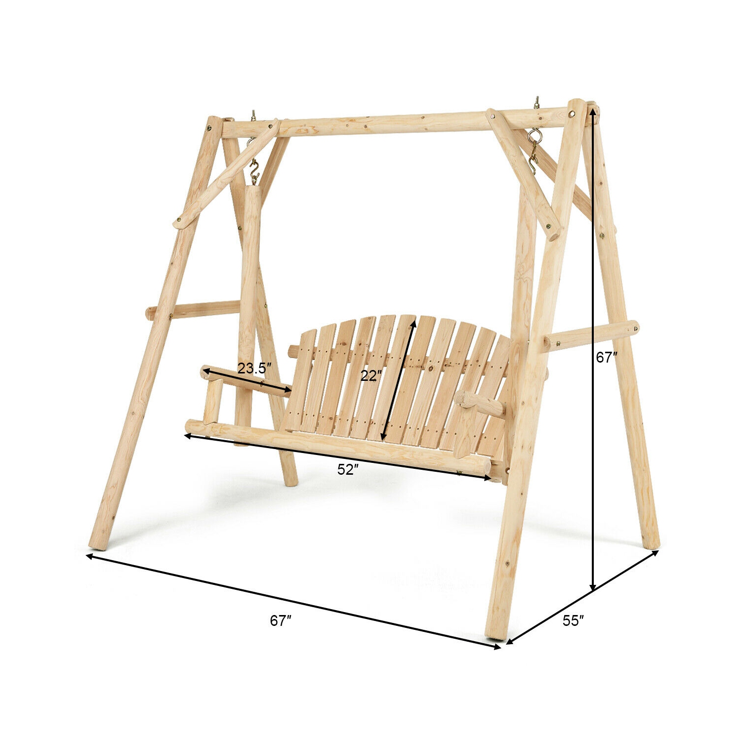 Gymax Wooden Porch Swing Outdoor Patio Rustic Torched Log Curved Back Bench A-Frame