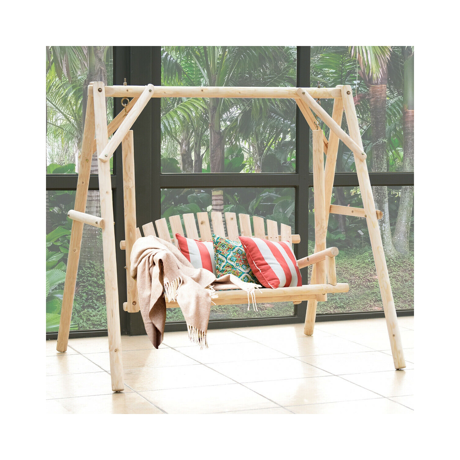 Gymax Wooden Porch Swing Outdoor Patio Rustic Torched Log Curved Back Bench A-Frame