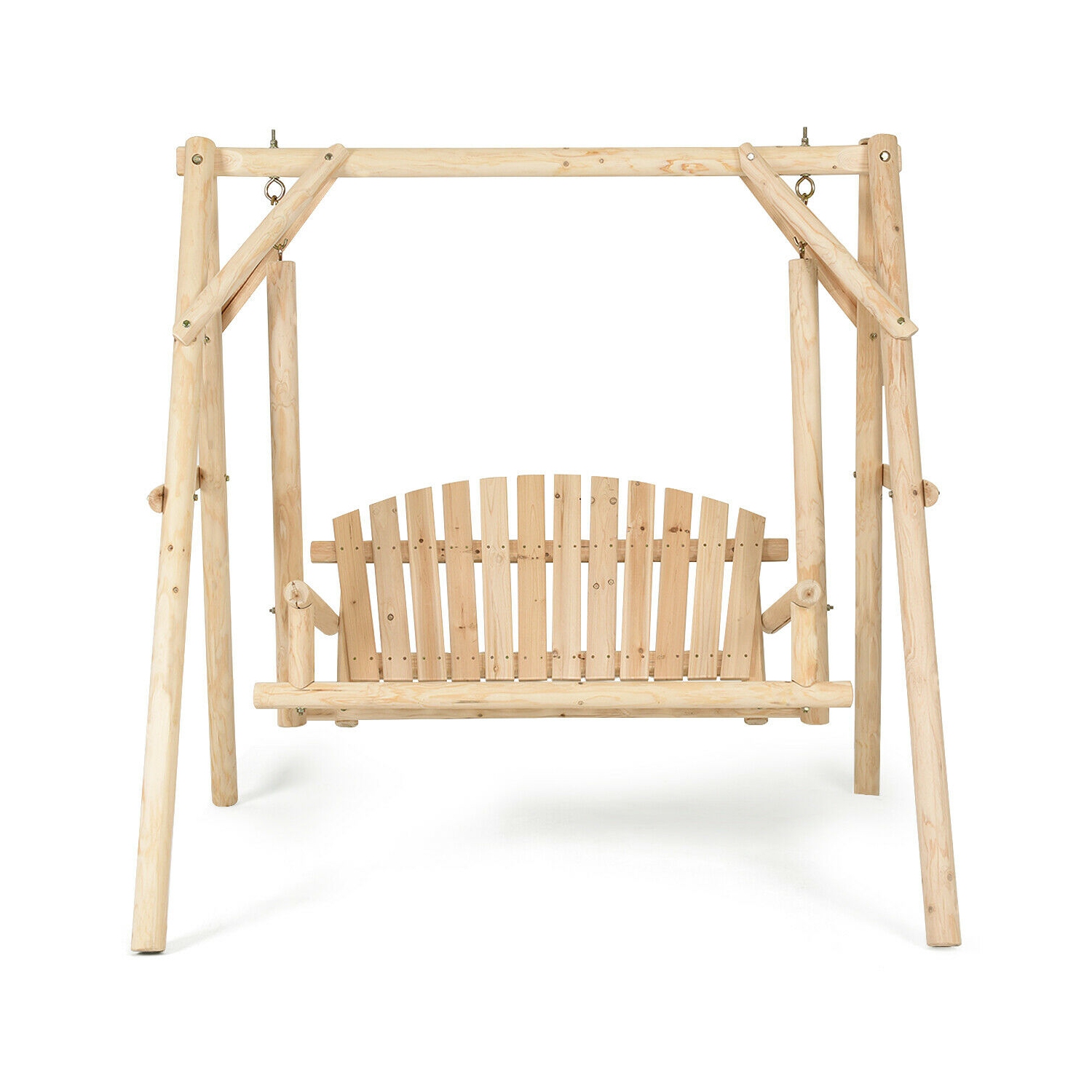 Gymax Wooden Porch Swing Outdoor Patio Rustic Torched Log Curved Back Bench A-Frame