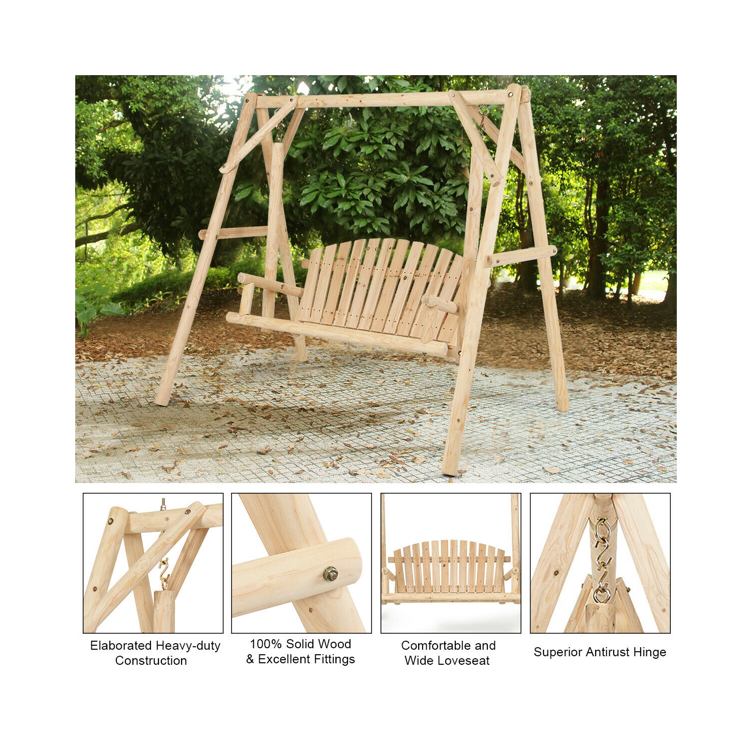 Gymax Wooden Porch Swing Outdoor Patio Rustic Torched Log Curved Back Bench A-Frame