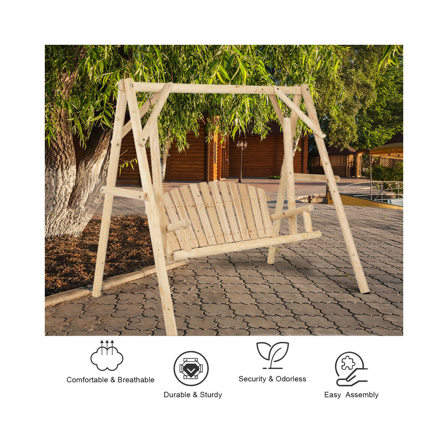 Gymax Wooden Porch Swing Outdoor Patio Rustic Torched Log Curved Back Bench A-Frame