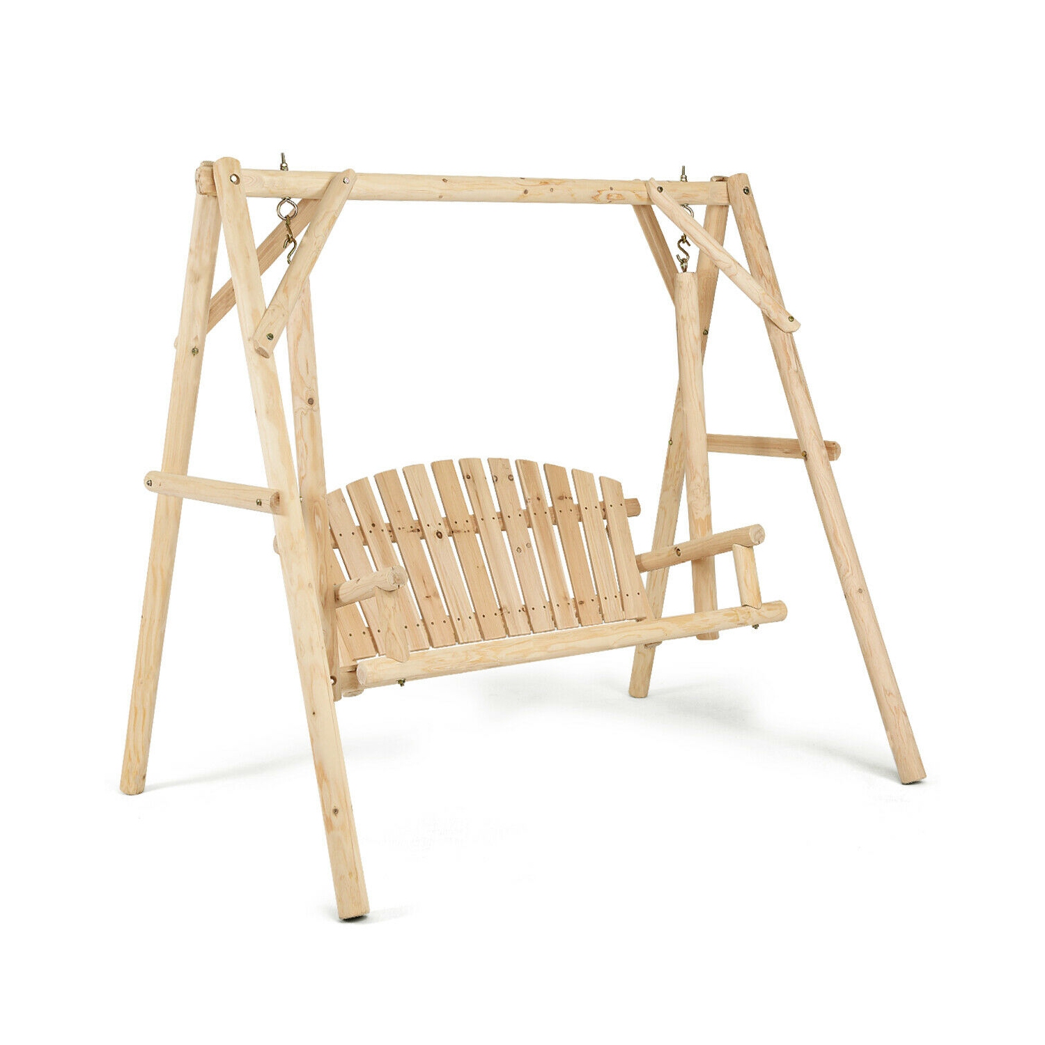 Gymax Wooden Porch Swing Outdoor Patio Rustic Torched Log Curved Back Bench A-Frame