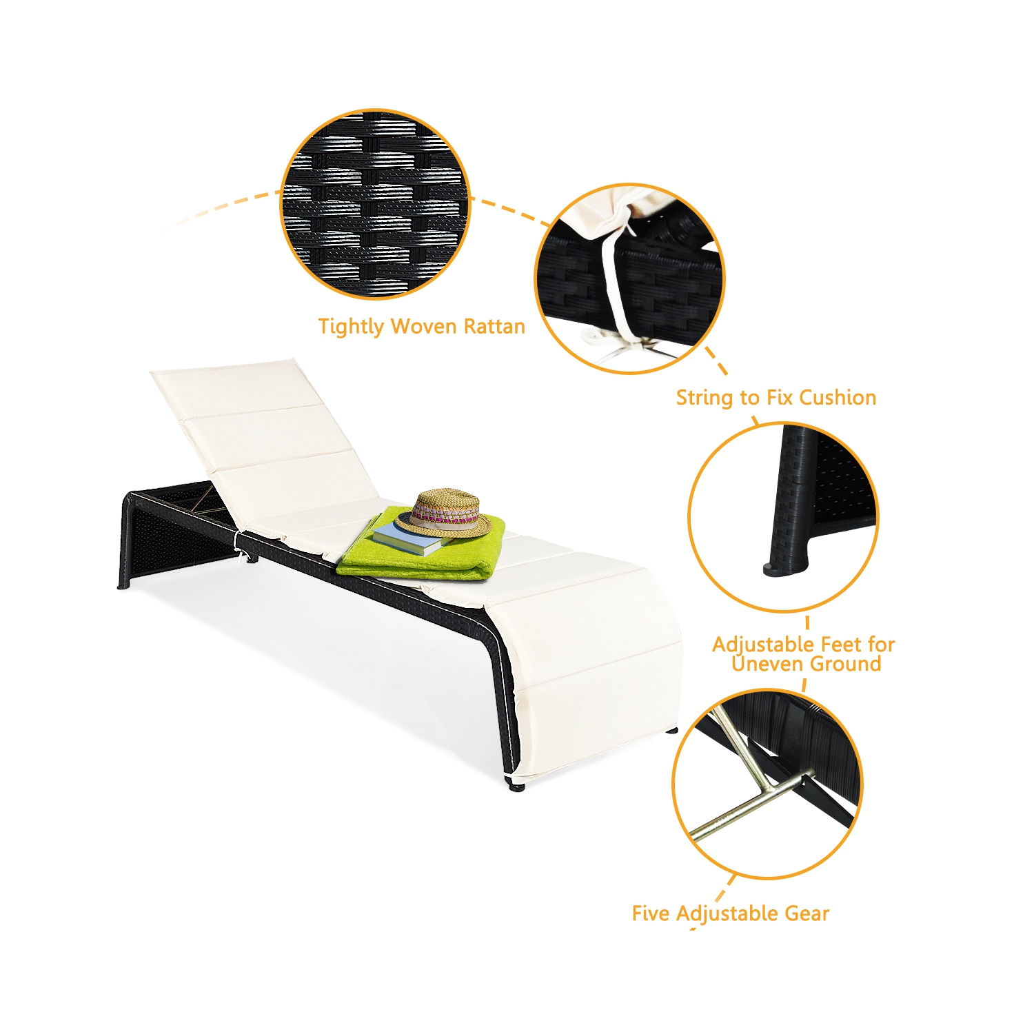 2PCS Chaise longue de patio en rotin inclinable avec coussin marque Gymax