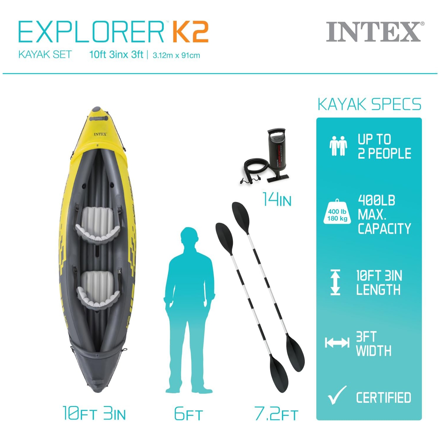 Explorer K2 Kayak, 2-Person Inflatable Kayak Set with Aluminum Oars and High Output Air Pump