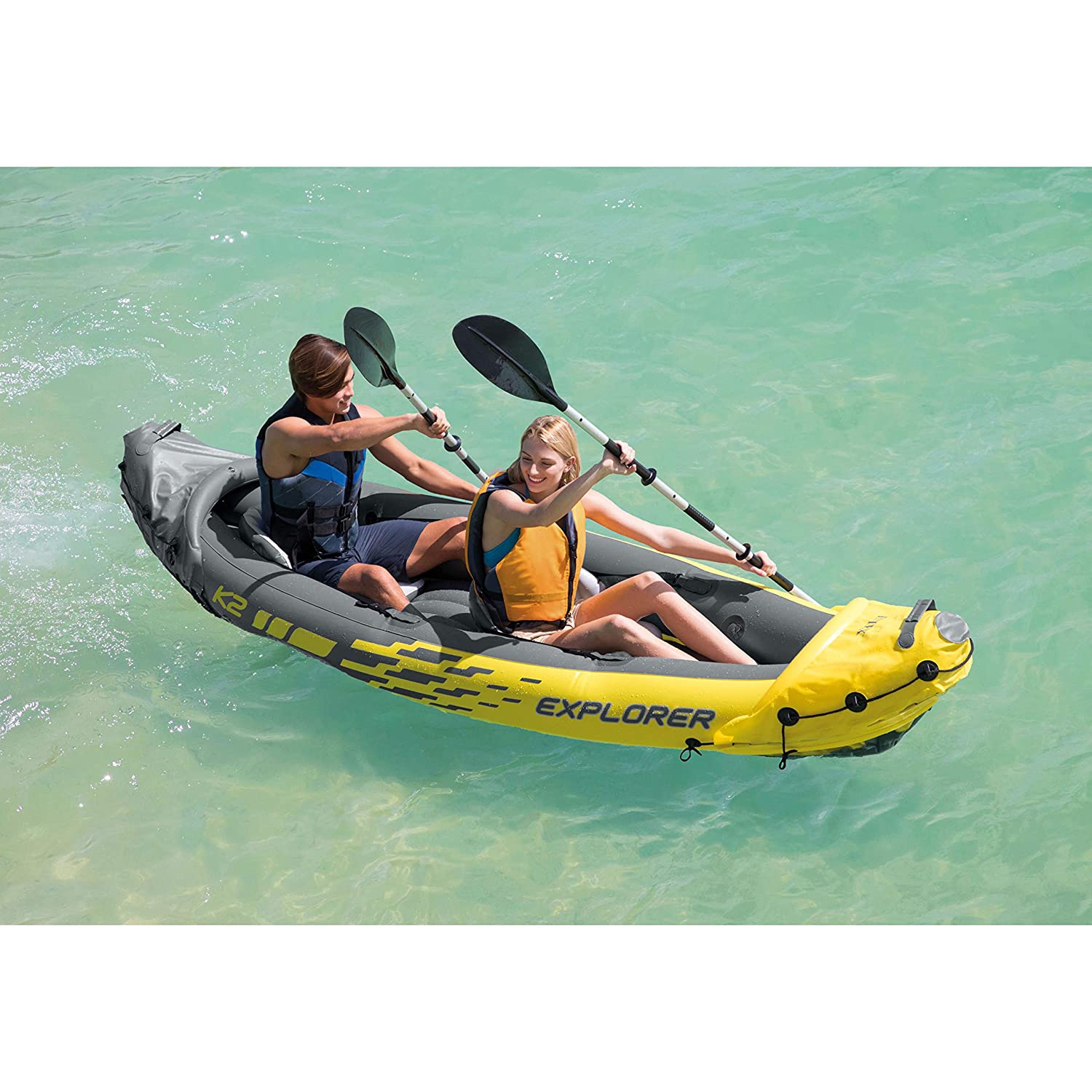 Explorer K2 Kayak, 2-Person Inflatable Kayak Set with Aluminum Oars and High Output Air Pump