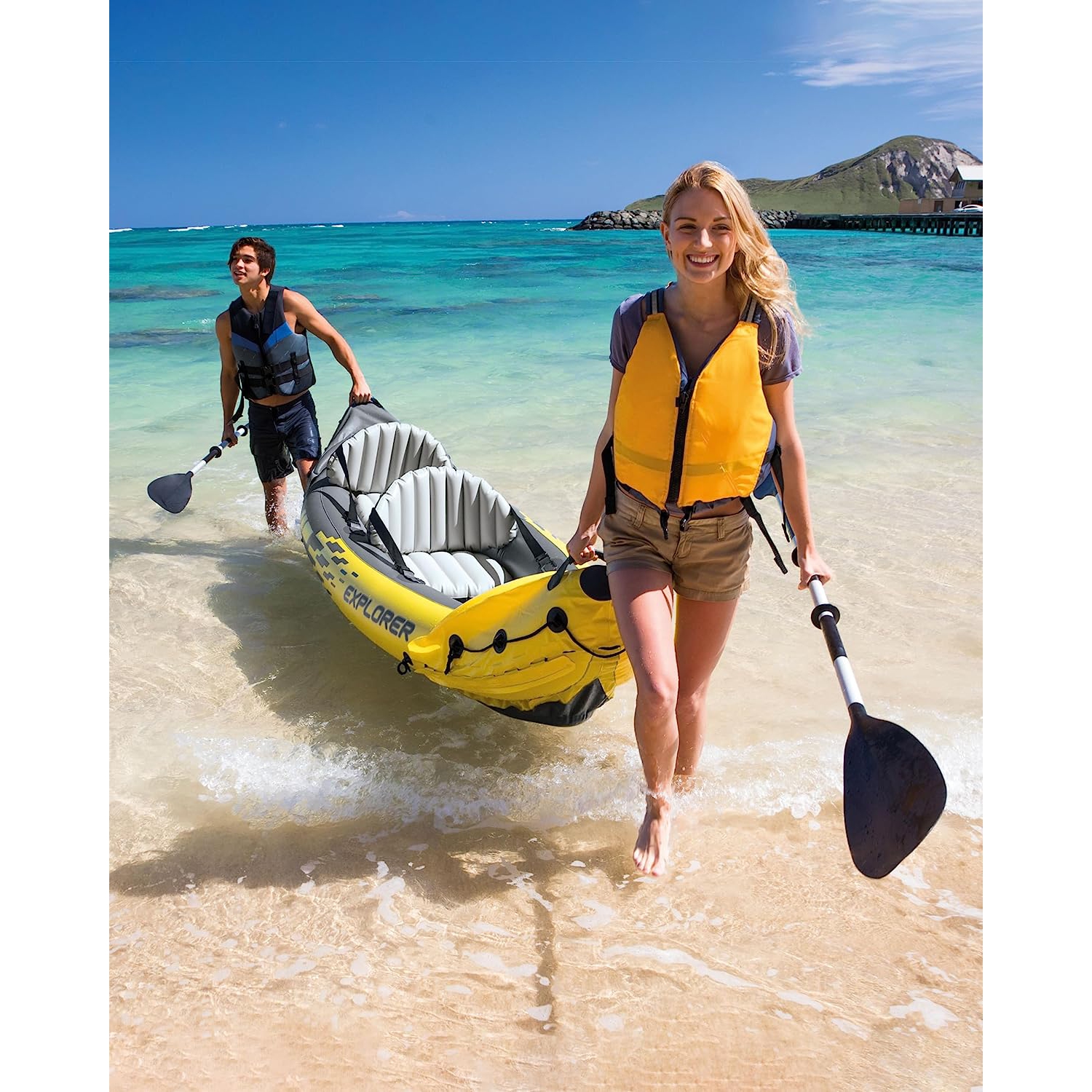 Explorer K2 Kayak, 2-Person Inflatable Kayak Set with Aluminum Oars and High Output Air Pump