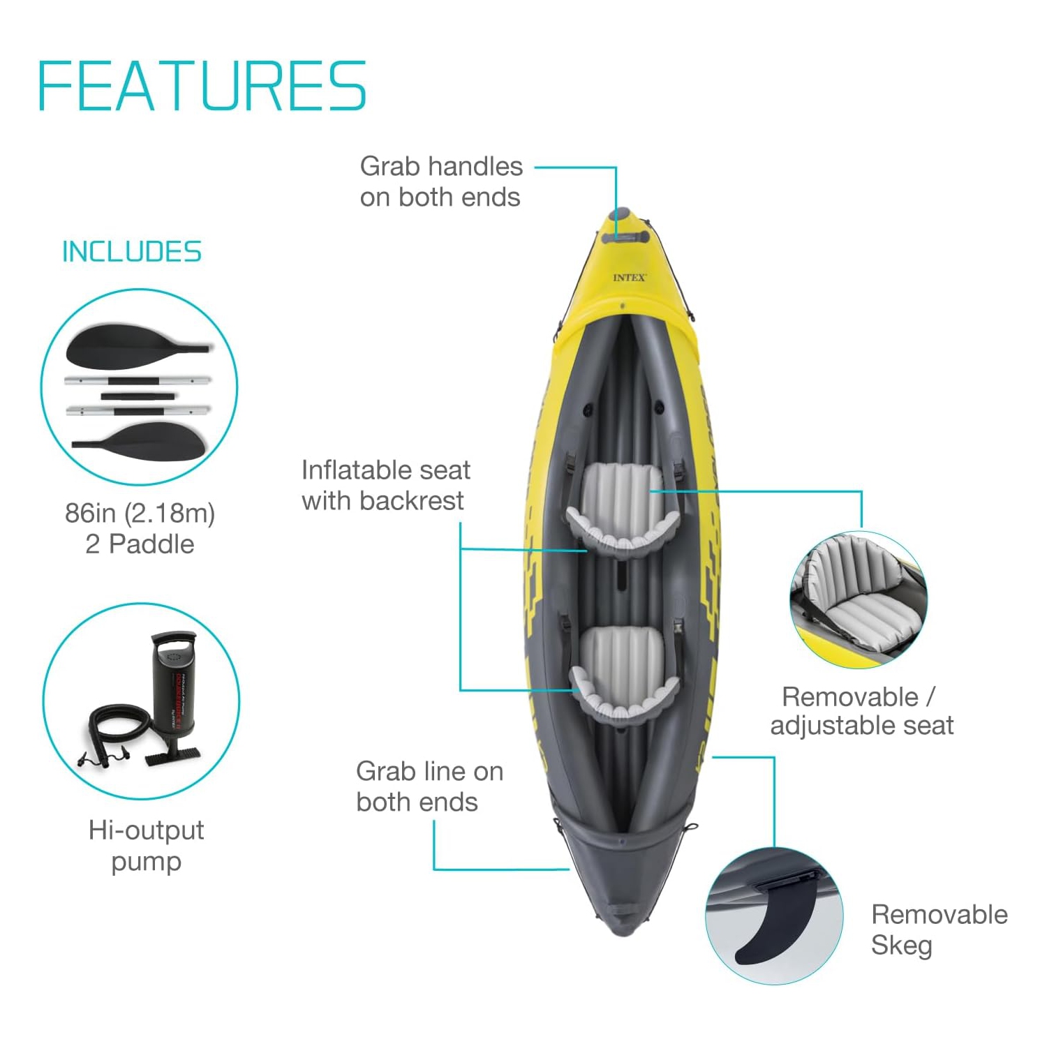 Explorer K2 Kayak, 2-Person Inflatable Kayak Set with Aluminum Oars and High Output Air Pump