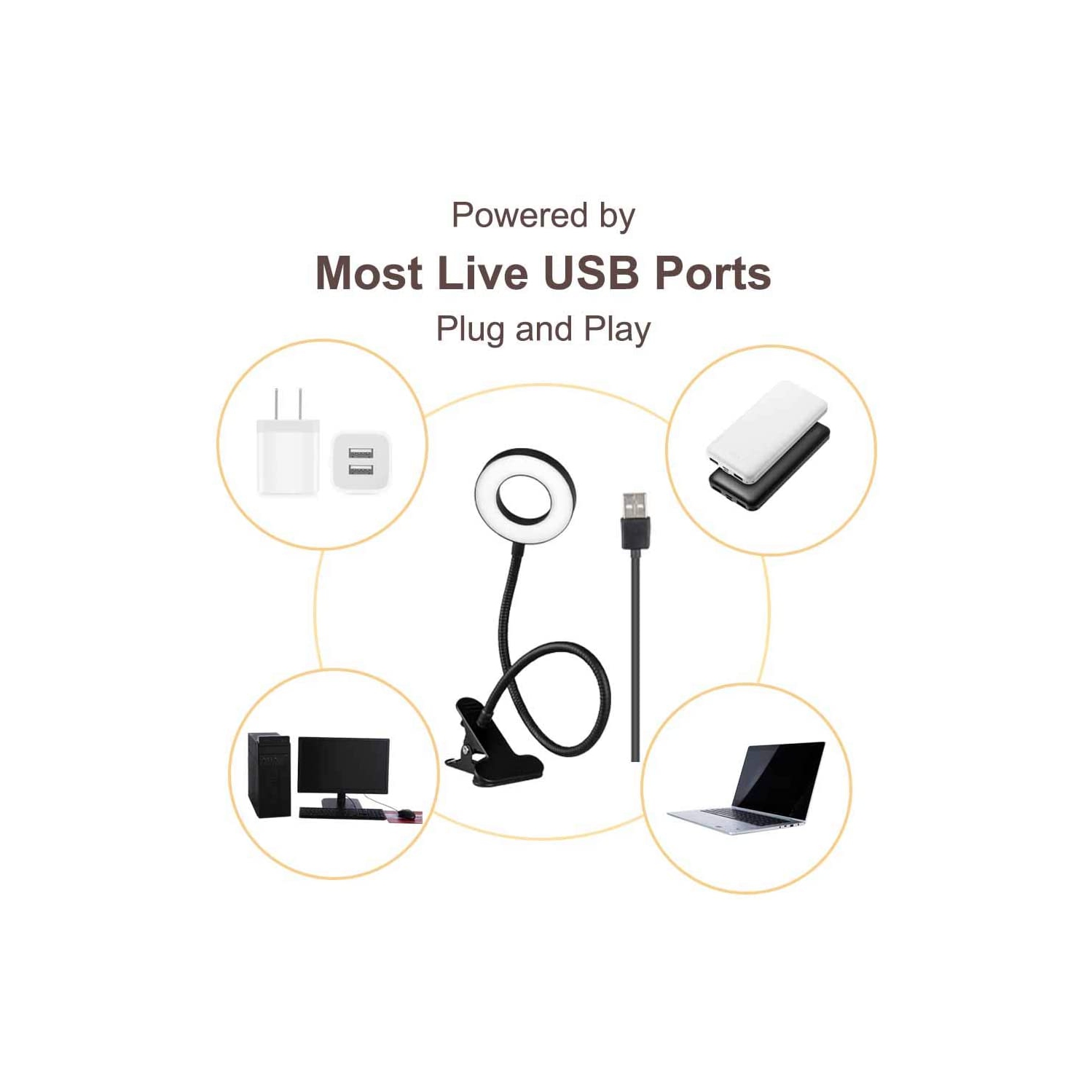 Lampe de bureau avec pince pour éclairage de visioconférence, anneau lumineux à DEL à pince pour caméra Web, lampe de portable USB pour réunions,