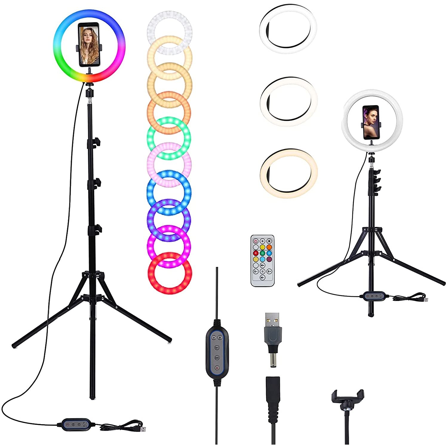 10.2 inch Selfie Ring Light - 16 Colors RGB Ring Light Adjustable Tripod Stand/Phone Holder 19 Brightness Levels Dimmable LED Ring Light for Make
