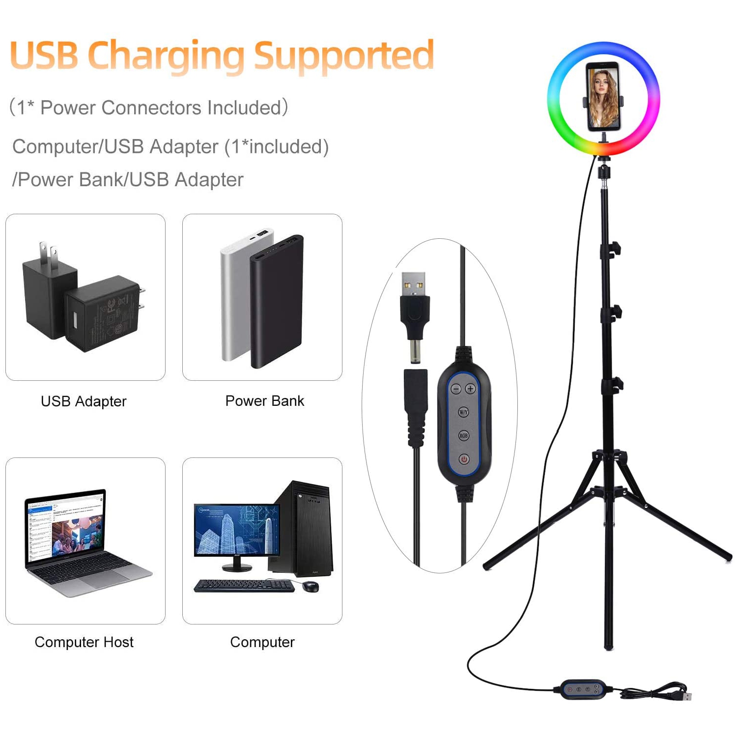 10.2 inch Selfie Ring Light - 16 Colors RGB Ring Light Adjustable Tripod Stand/Phone Holder 19 Brightness Levels Dimmable LED Ring Light for Make