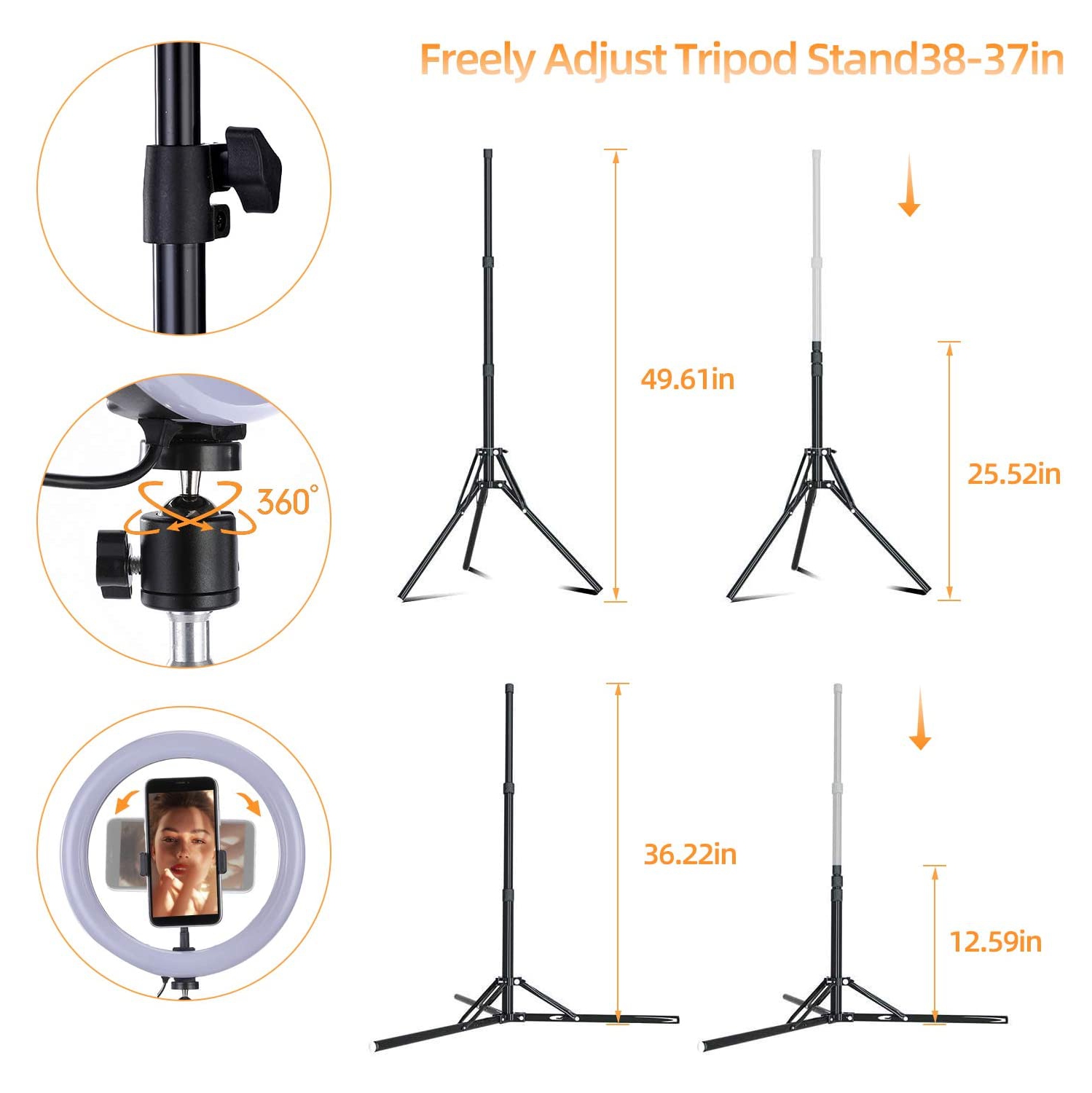 10.2 inch Selfie Ring Light - 16 Colors RGB Ring Light Adjustable Tripod Stand/Phone Holder 19 Brightness Levels Dimmable LED Ring Light for Make