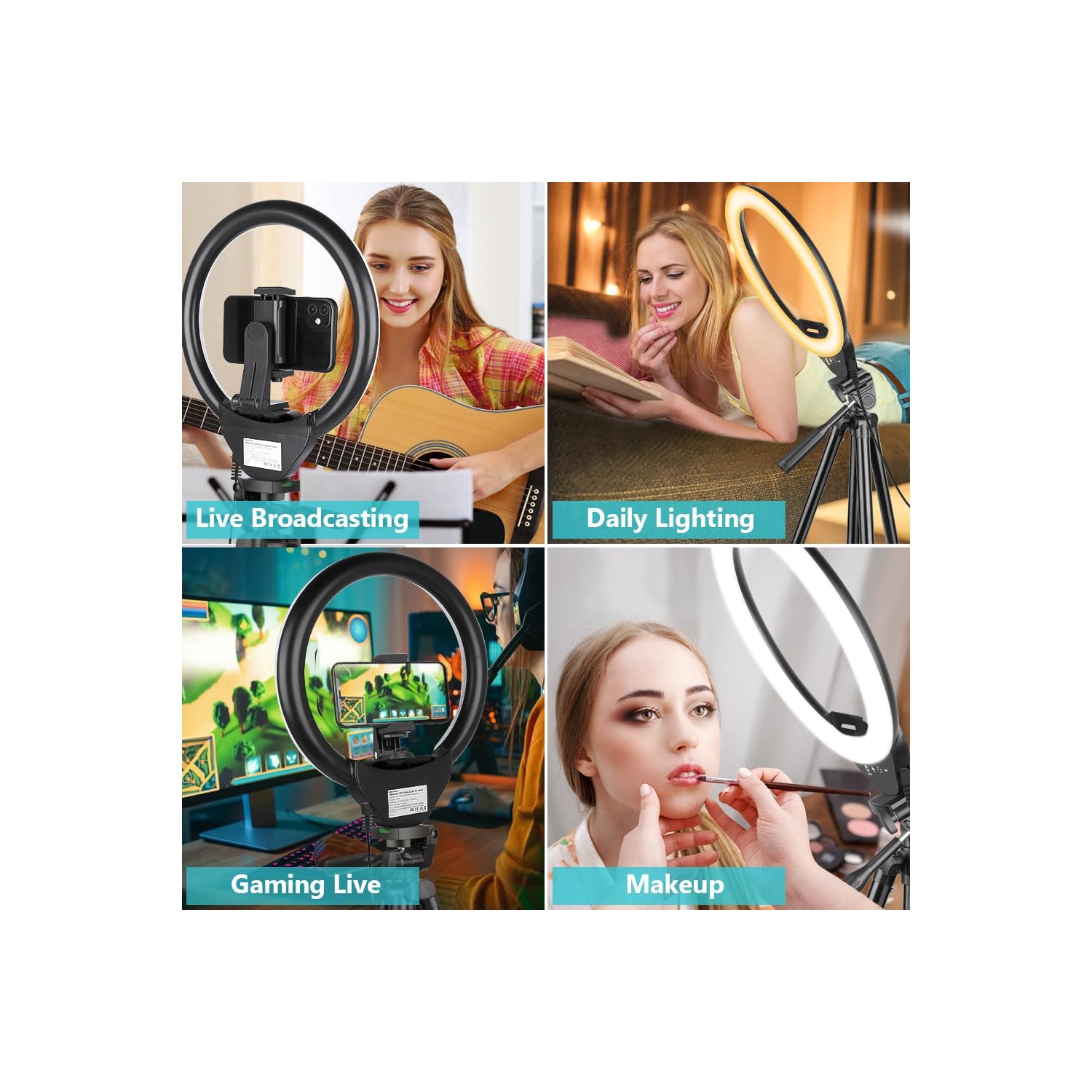 Anneau lumineux DEL pour égoportraits de NAVAR 10 po avec trépied et support pour téléphone pour la photographie de fond de teint en direct -