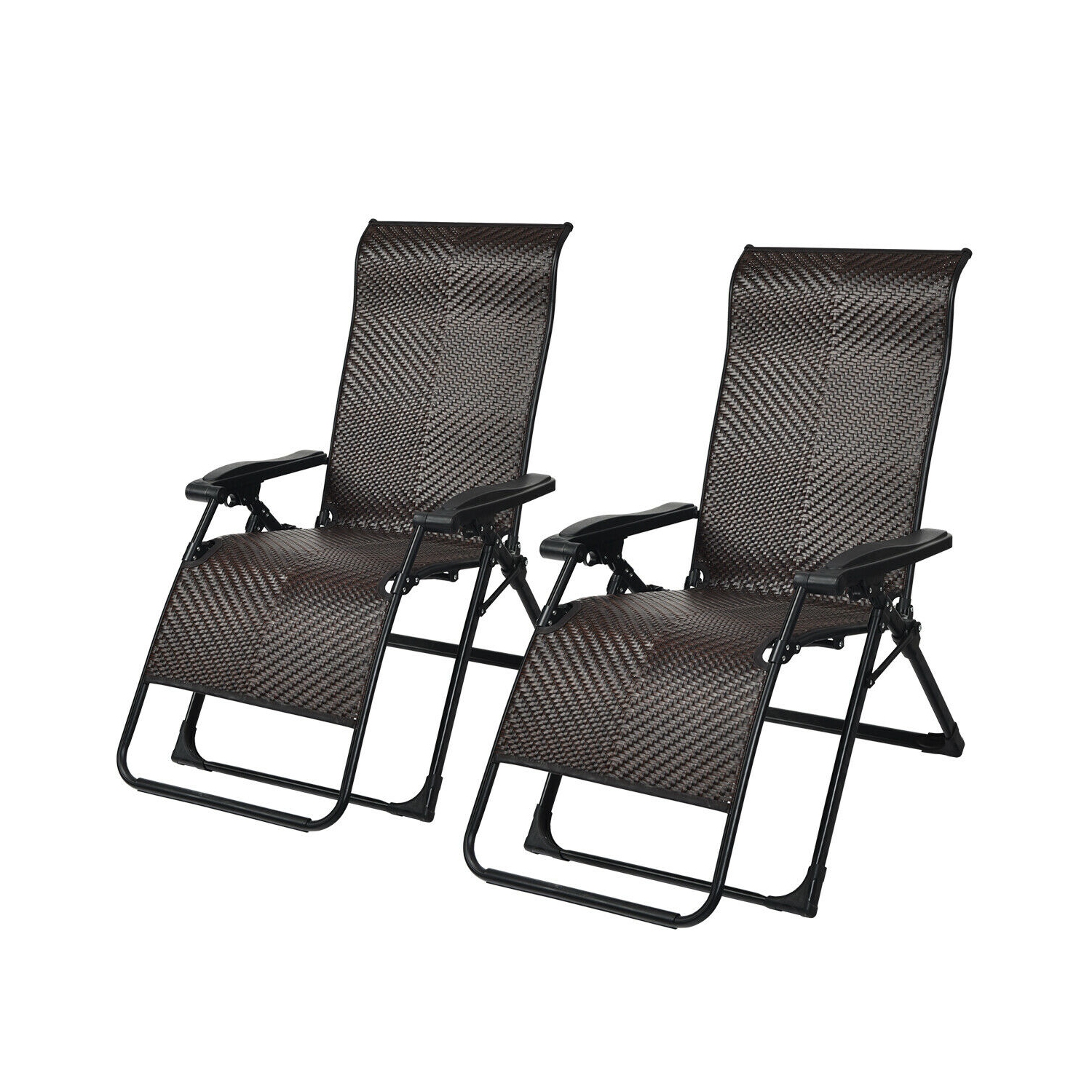 Gymax 2PCS Patio Rattan Chair Folding Recliner Adjustable Headrest