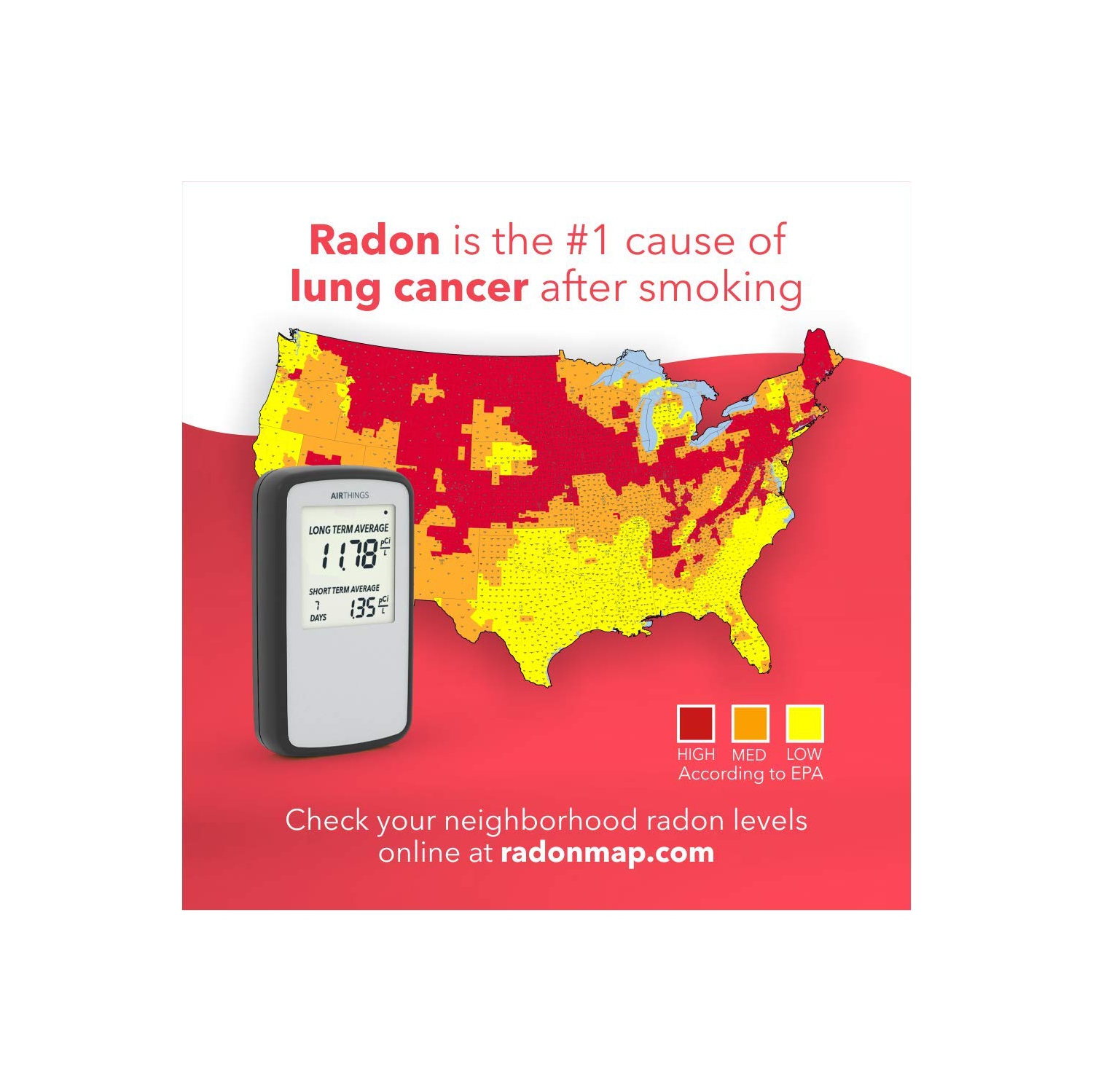 Airthings Corentium Home Radon Detector 223 Portable, Lightweight, Easy-to-Use, AAA Battery Operated, pCi/L