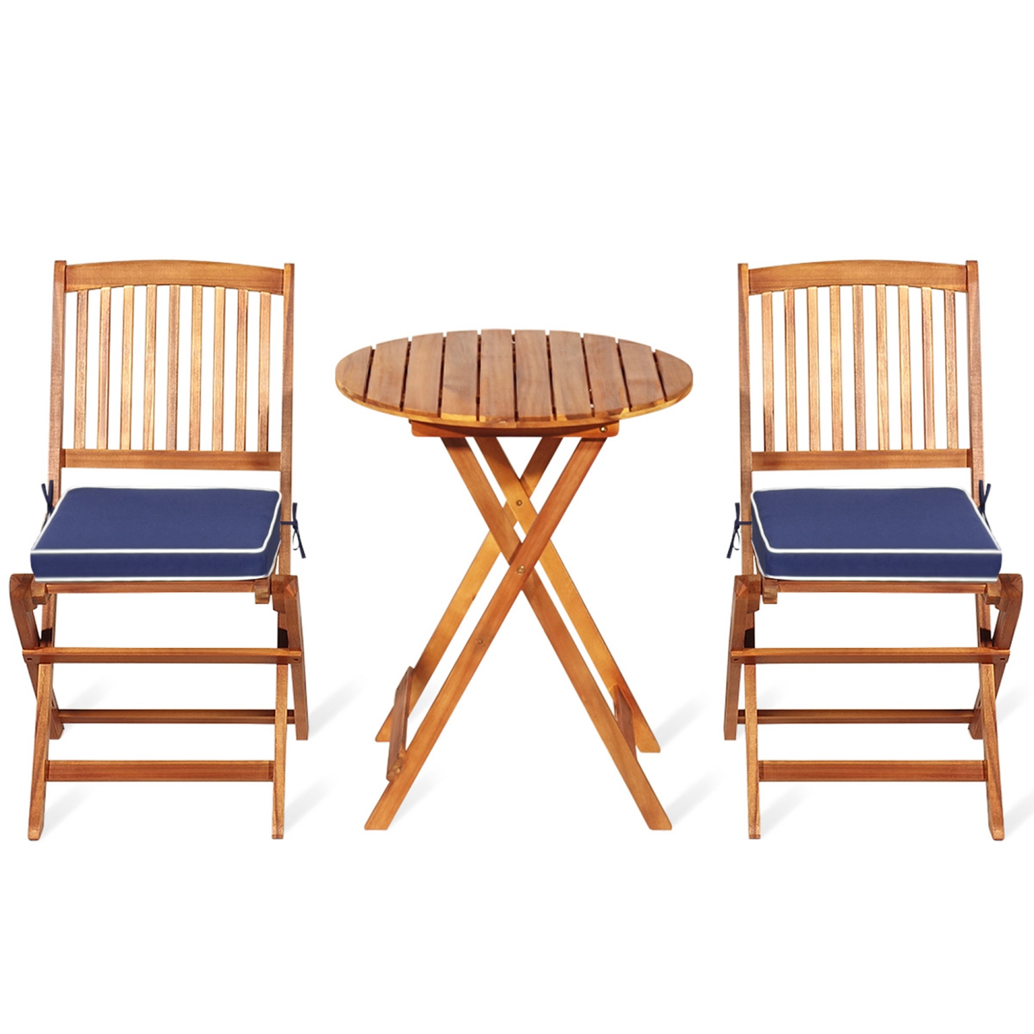 Gymax 3PCS Folding Patio Conversation Set Acacia Wood Bistro Set w/ Cushions