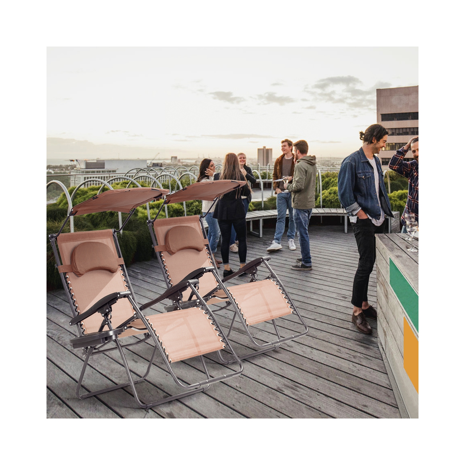 Gymax Folding Recliner Lounge Chair W/ Shade Canopy Cup Holder Brown