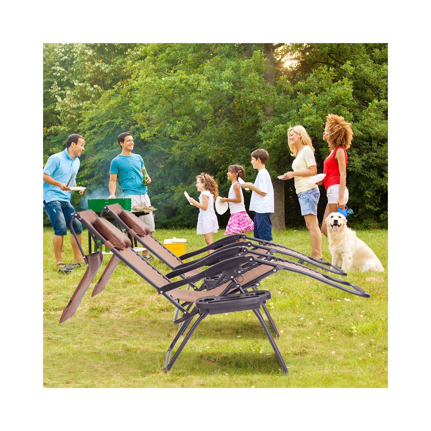 Gymax Folding Recliner Lounge Chair W/ Shade Canopy Cup Holder Brown