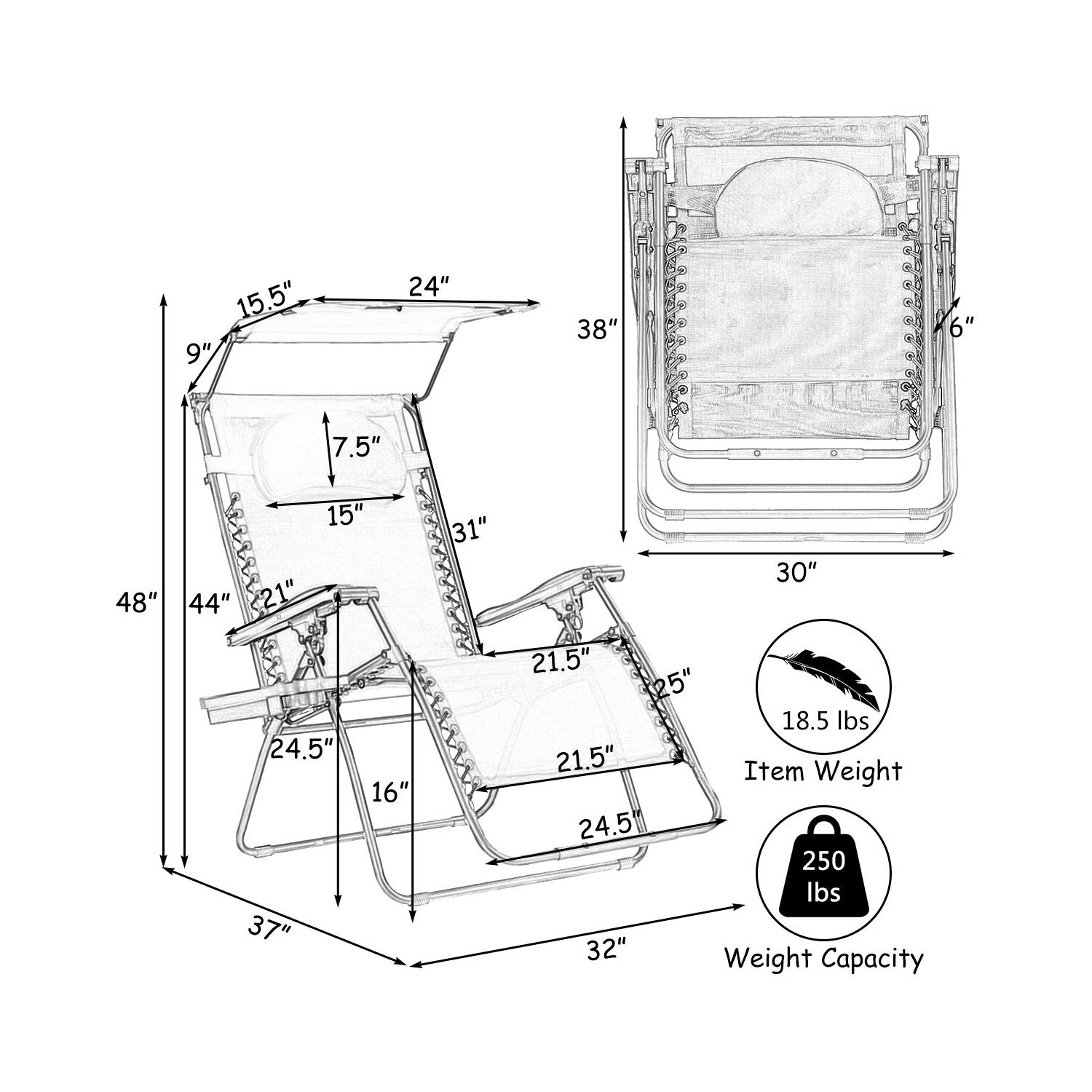 Gymax Folding Recliner Lounge Chair W/ Shade Canopy Cup Holder Brown