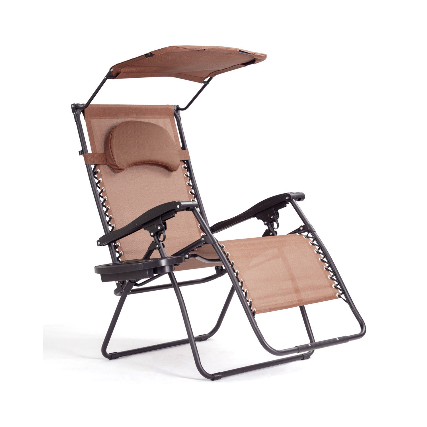 Gymax Folding Recliner Lounge Chair W/ Shade Canopy Cup Holder Brown