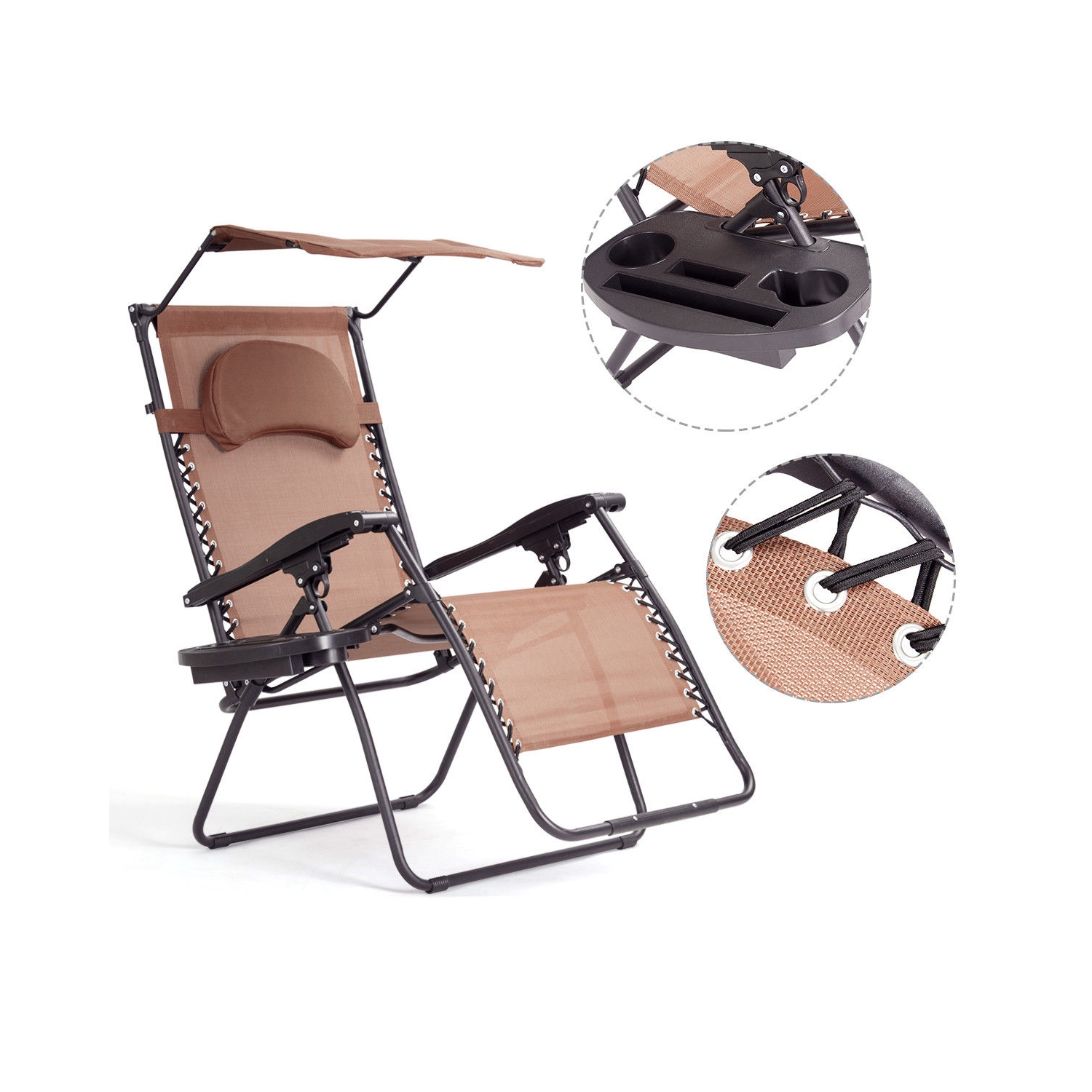 Gymax Folding Recliner Lounge Chair W/ Shade Canopy Cup Holder Brown