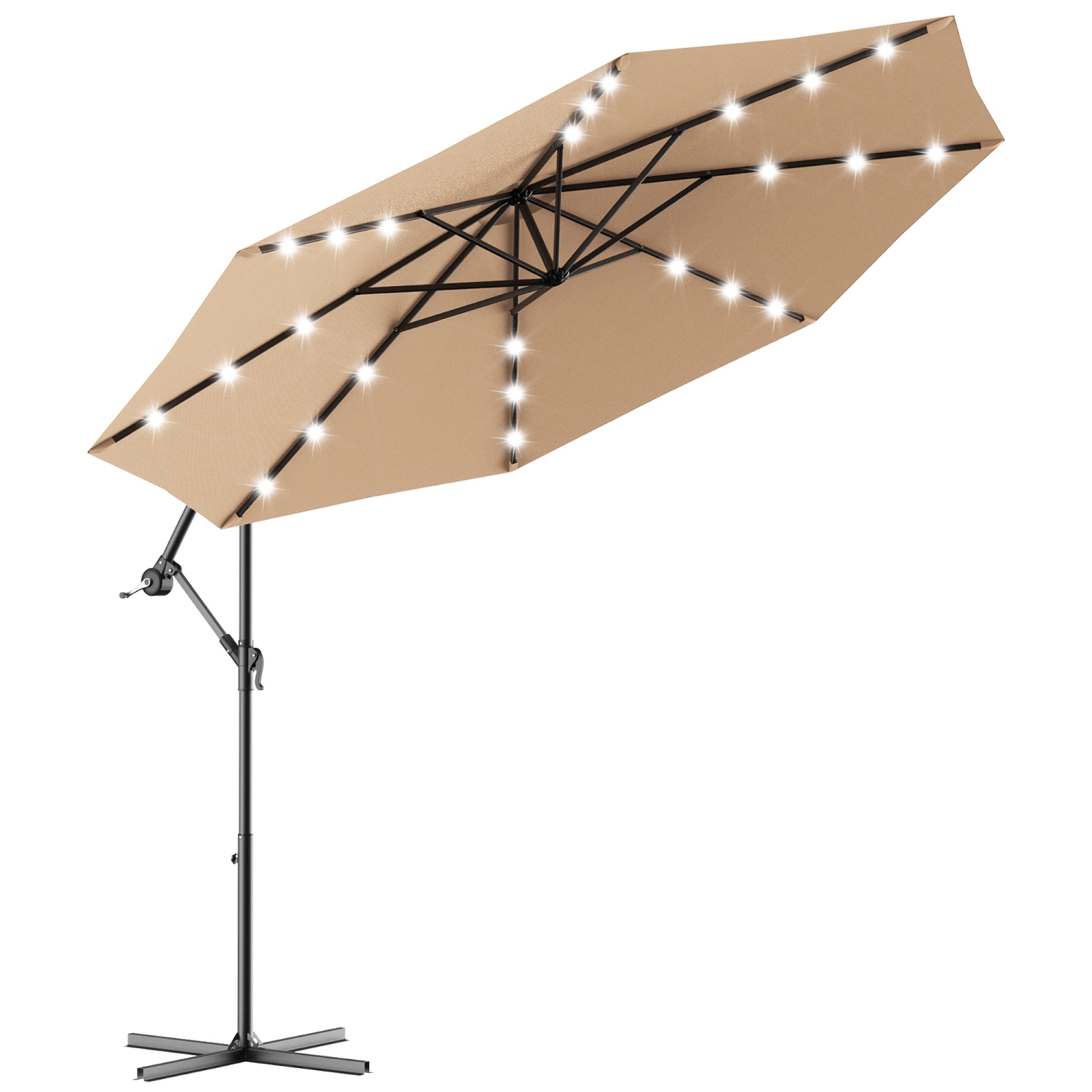 Gymax 10Ft Patio Solar LED Outdoor Offset Hanging Umbrella w/ 24 Lights