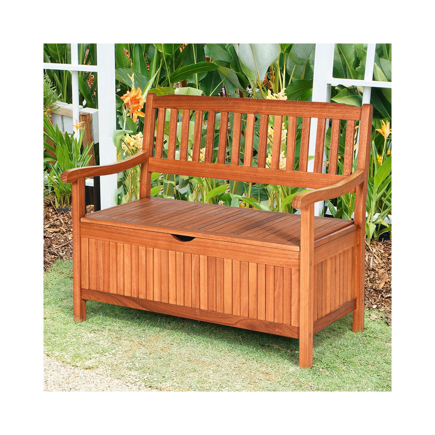 Gymax 42'' Storage Bench Deck Box Solid Wood Seating Container Tools Toys W/Backrest