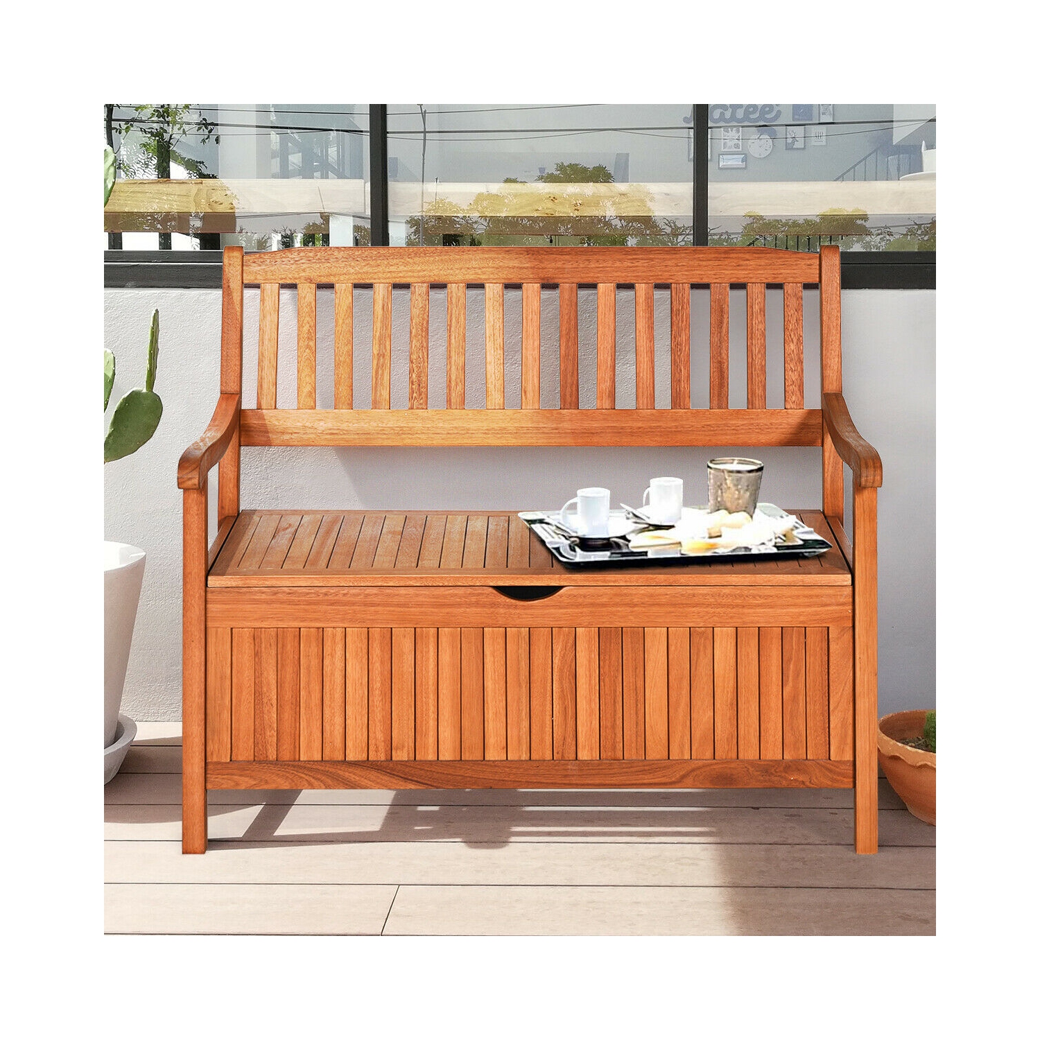 Gymax 42'' Storage Bench Deck Box Solid Wood Seating Container Tools Toys W/Backrest