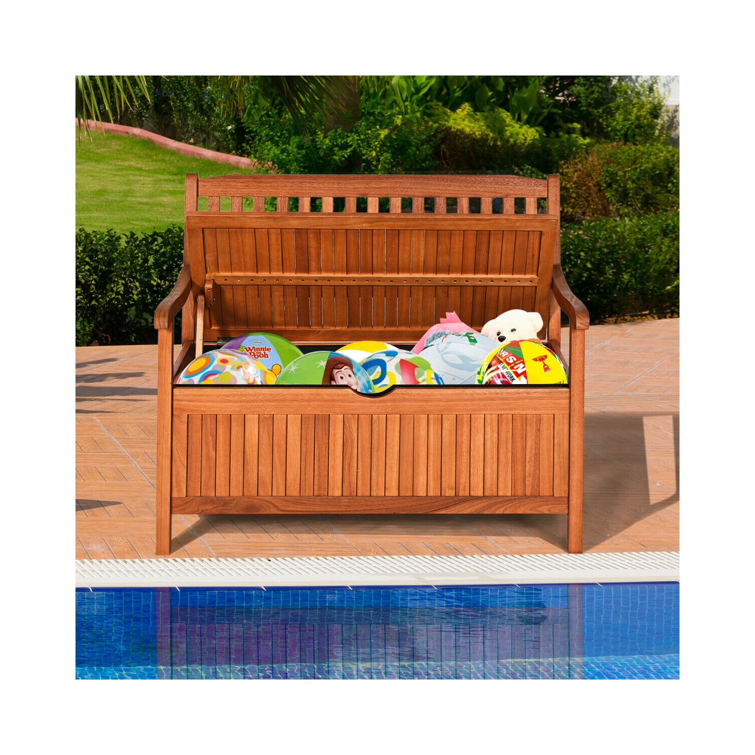 Gymax 42'' Storage Bench Deck Box Solid Wood Seating Container Tools Toys W/Backrest