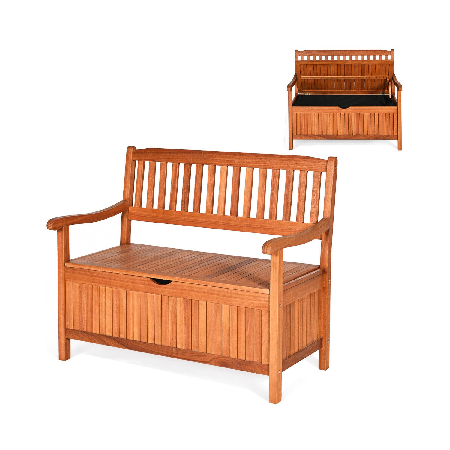 Gymax 42'' Storage Bench Deck Box Solid Wood Seating Container Tools Toys W/Backrest