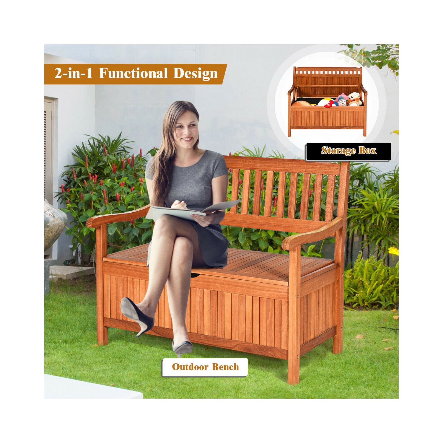 Gymax 42'' Storage Bench Deck Box Solid Wood Seating Container Tools Toys W/Backrest