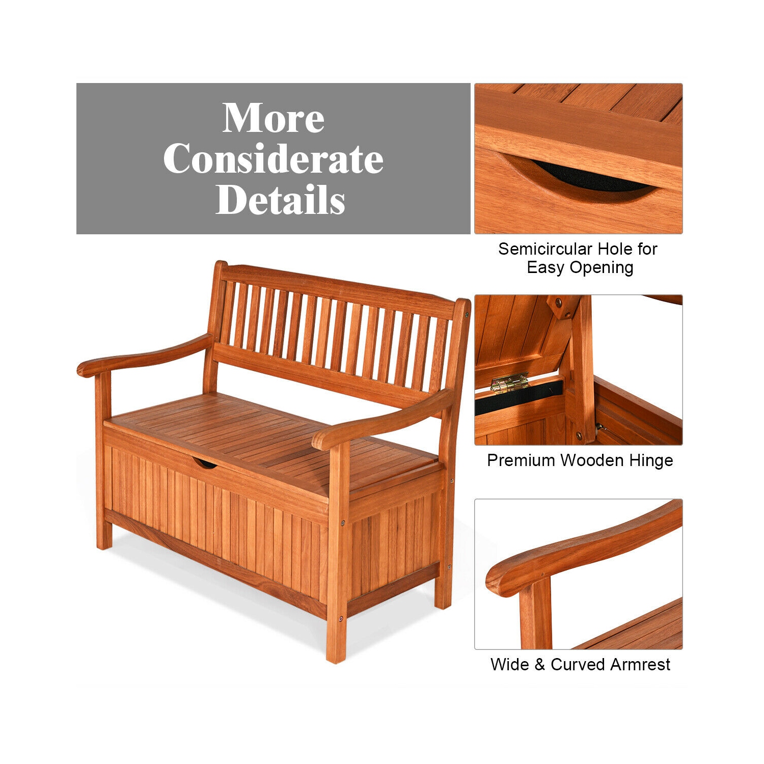 Gymax 42'' Storage Bench Deck Box Solid Wood Seating Container Tools Toys W/Backrest