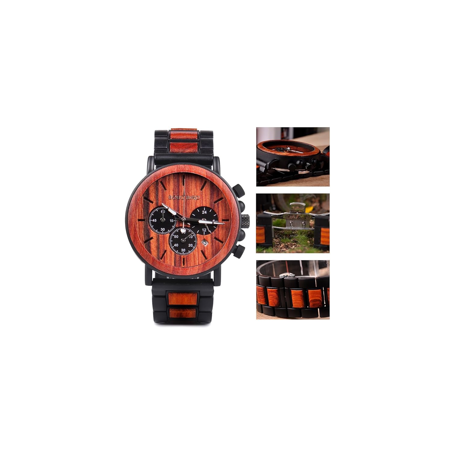 Men’s Wooden & Stainless Steel Chronograph Watch – Luminous Hands, Date Display, Gift Box Included – Classic Analog Timepiece for Casual or Formal