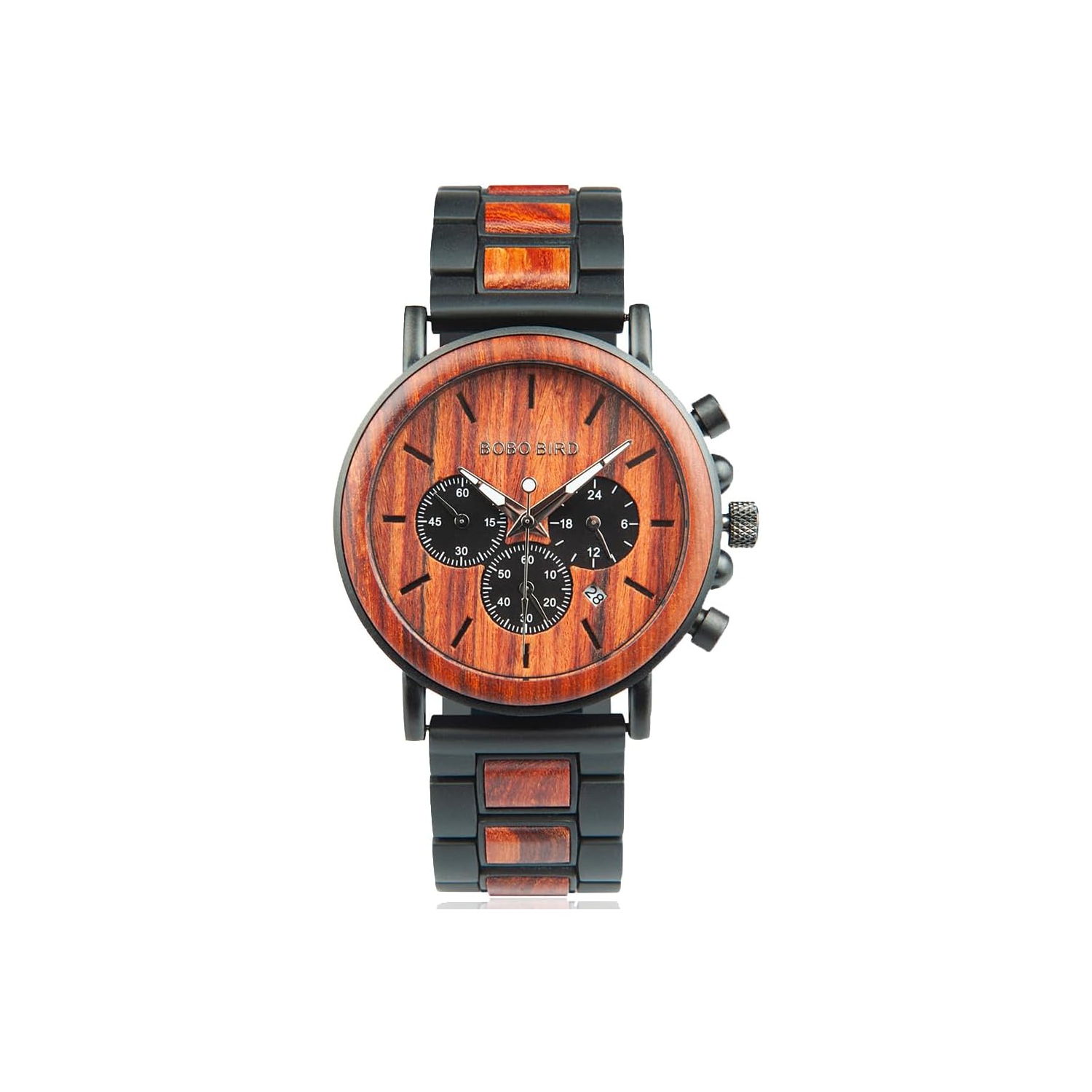 Men’s Wooden & Stainless Steel Chronograph Watch – Luminous Hands, Date Display, Gift Box Included – Classic Analog Timepiece for Casual or Formal