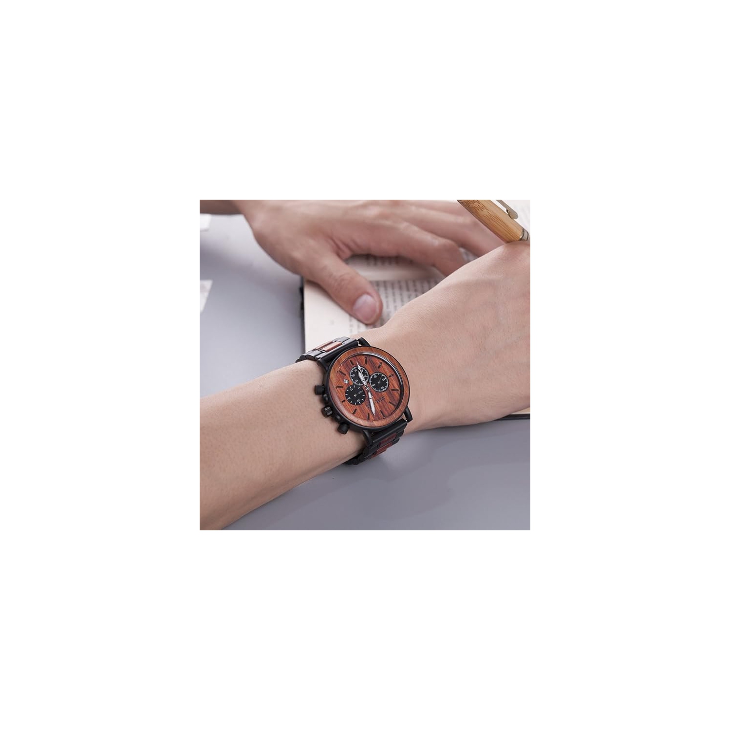 Men’s Wooden & Stainless Steel Chronograph Watch – Luminous Hands, Date Display, Gift Box Included – Classic Analog Timepiece for Casual or Formal