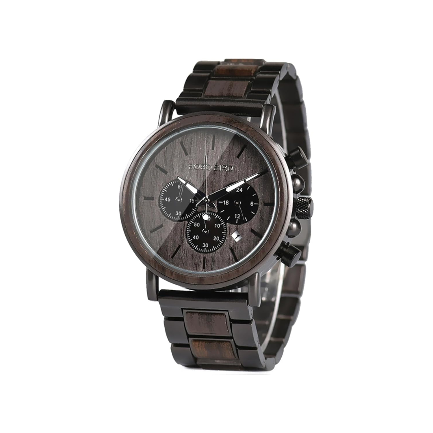 Men’s Wooden & Stainless Steel Chronograph Watch – Luminous Hands, Date Display, Gift Box Included – Classic Analog Timepiece for Casual or Formal