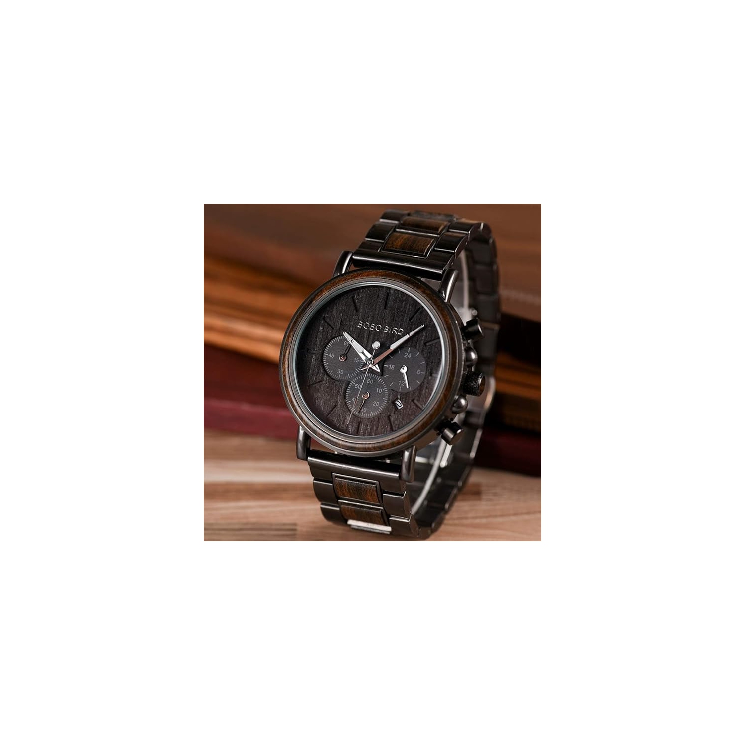 Men’s Wooden & Stainless Steel Chronograph Watch – Luminous Hands, Date Display, Gift Box Included – Classic Analog Timepiece for Casual or Formal