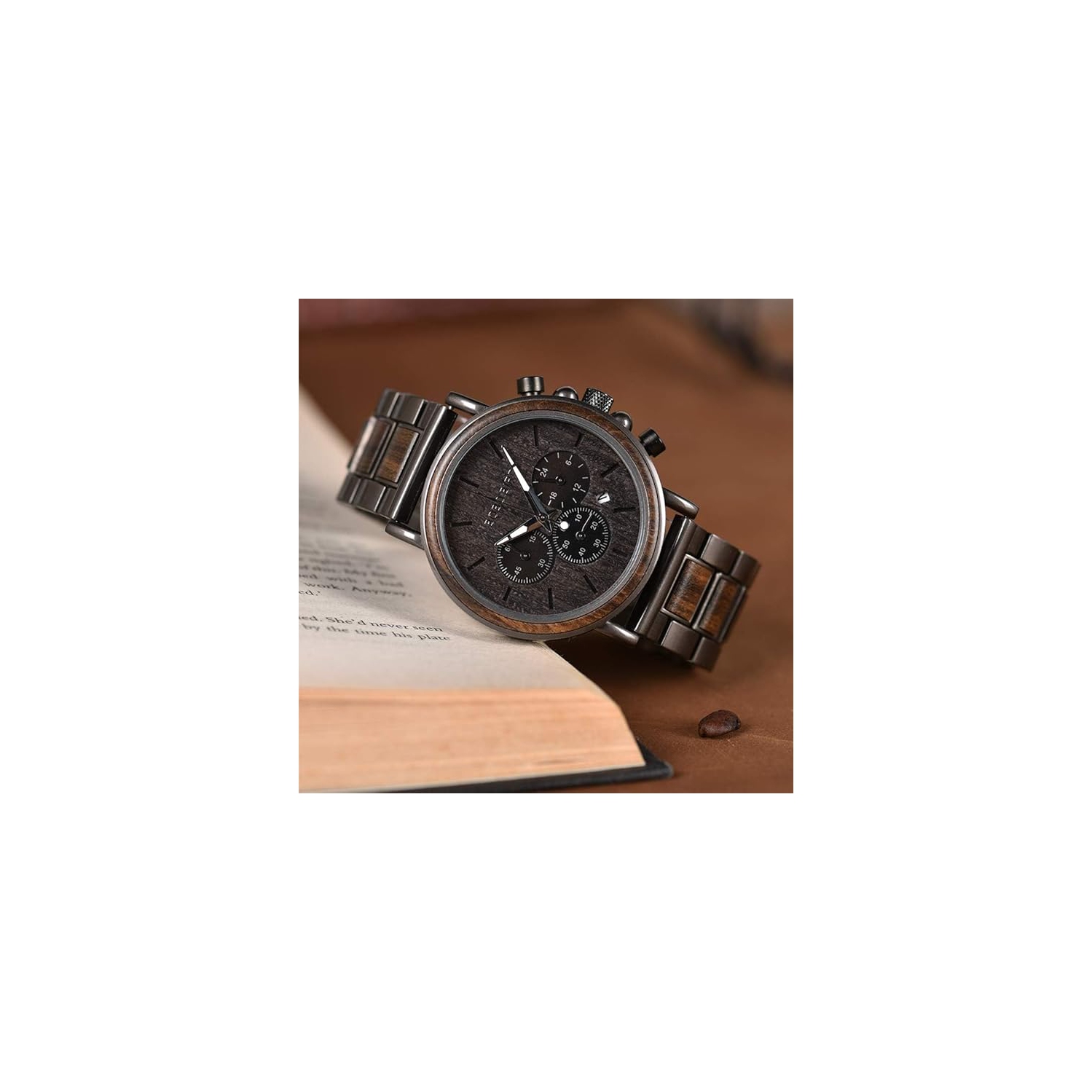 Men’s Wooden & Stainless Steel Chronograph Watch – Luminous Hands, Date Display, Gift Box Included – Classic Analog Timepiece for Casual or Formal