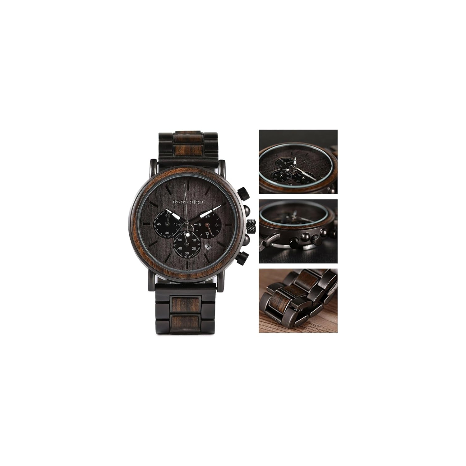 Men’s Wooden & Stainless Steel Chronograph Watch – Luminous Hands, Date Display, Gift Box Included – Classic Analog Timepiece for Casual or Formal