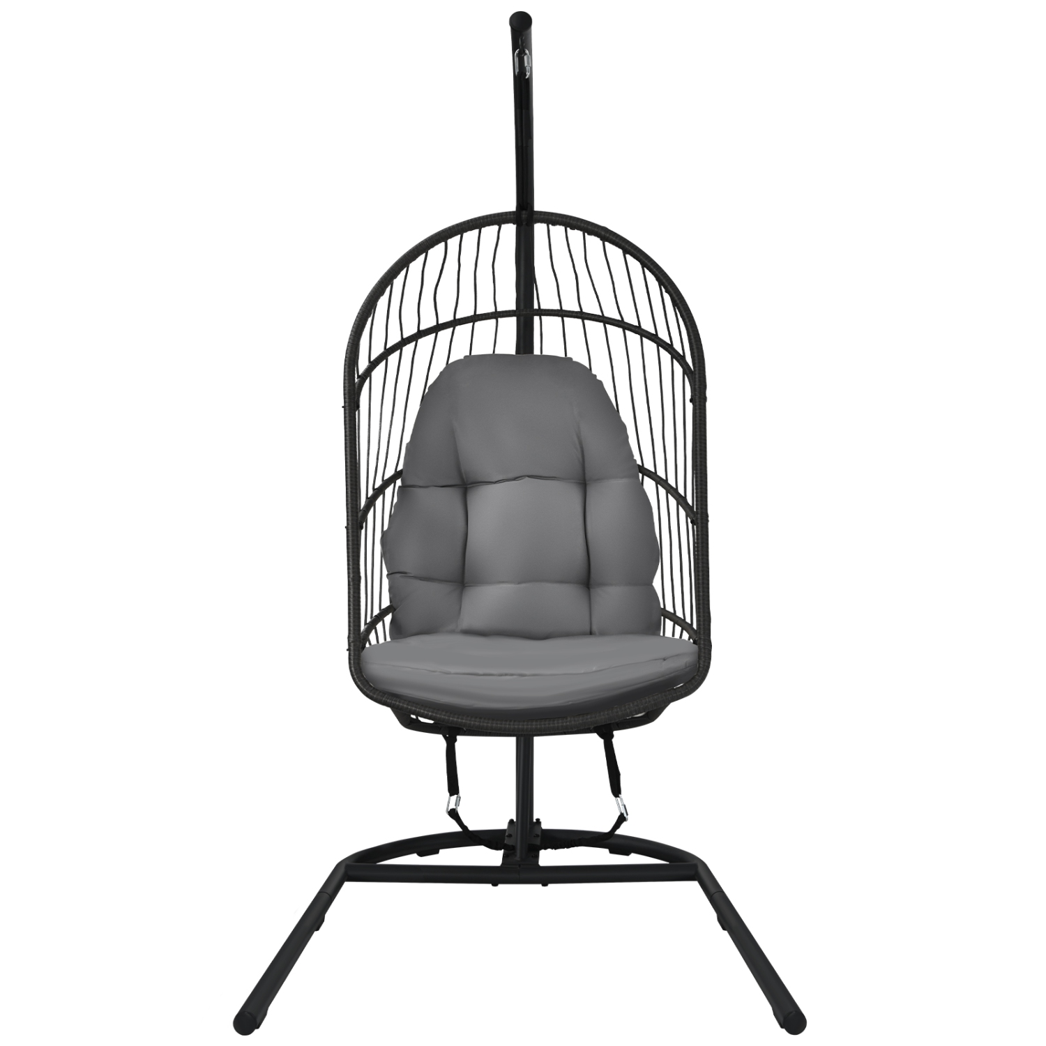 Patiojoy Modern Rattan Hanging Egg Swing Chair w/Stand Foldable Cushioned Hammock Gray/Beige