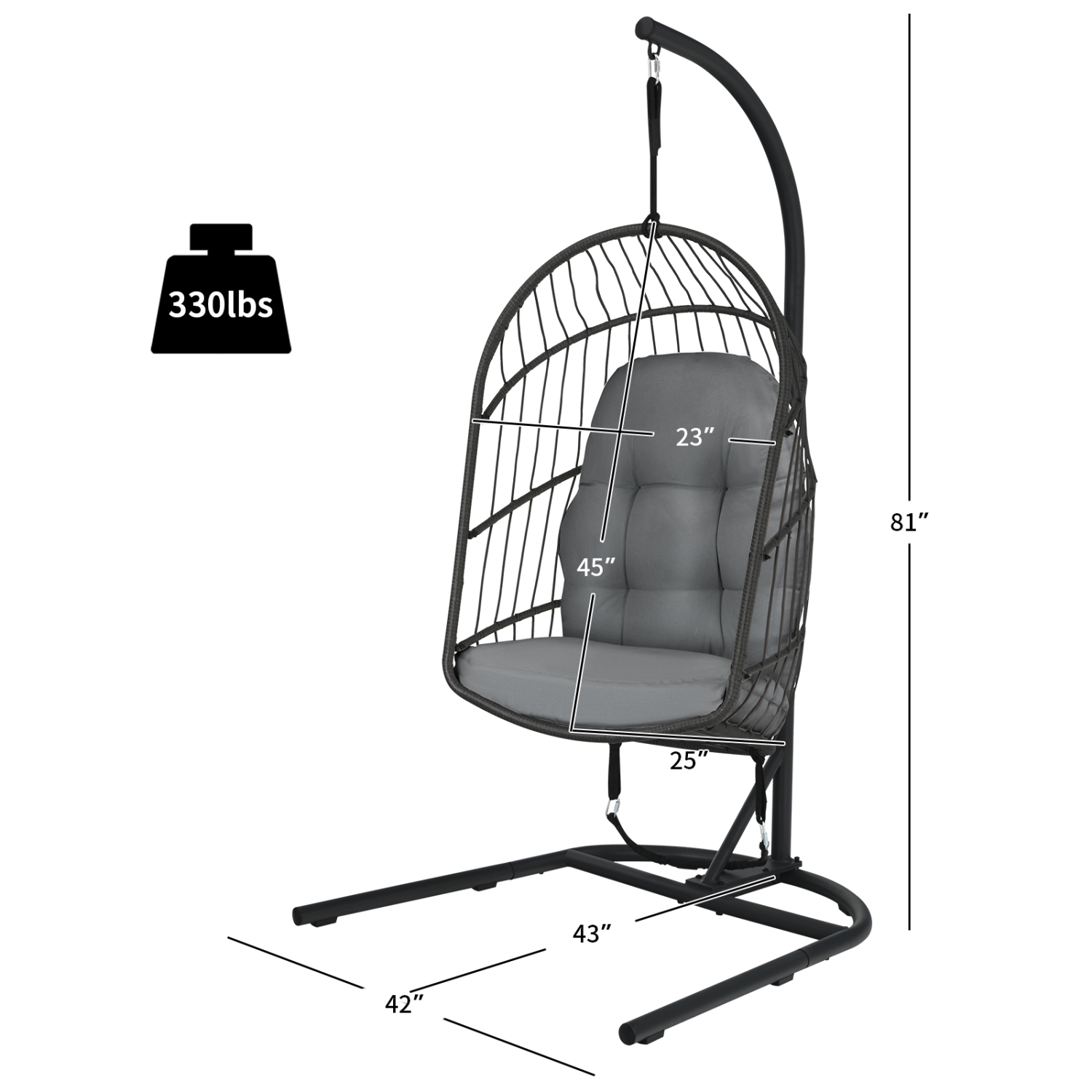 Patiojoy Modern Rattan Hanging Egg Swing Chair w/Stand Foldable Cushioned Hammock Gray/Beige
