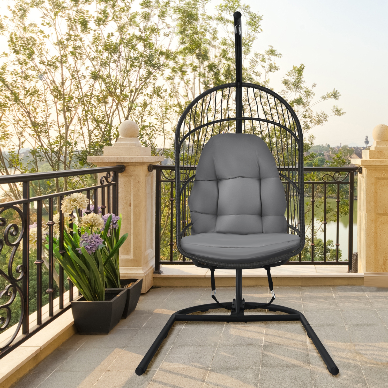 Patiojoy Modern Rattan Hanging Egg Swing Chair w/Stand Foldable Cushioned Hammock Gray/Beige