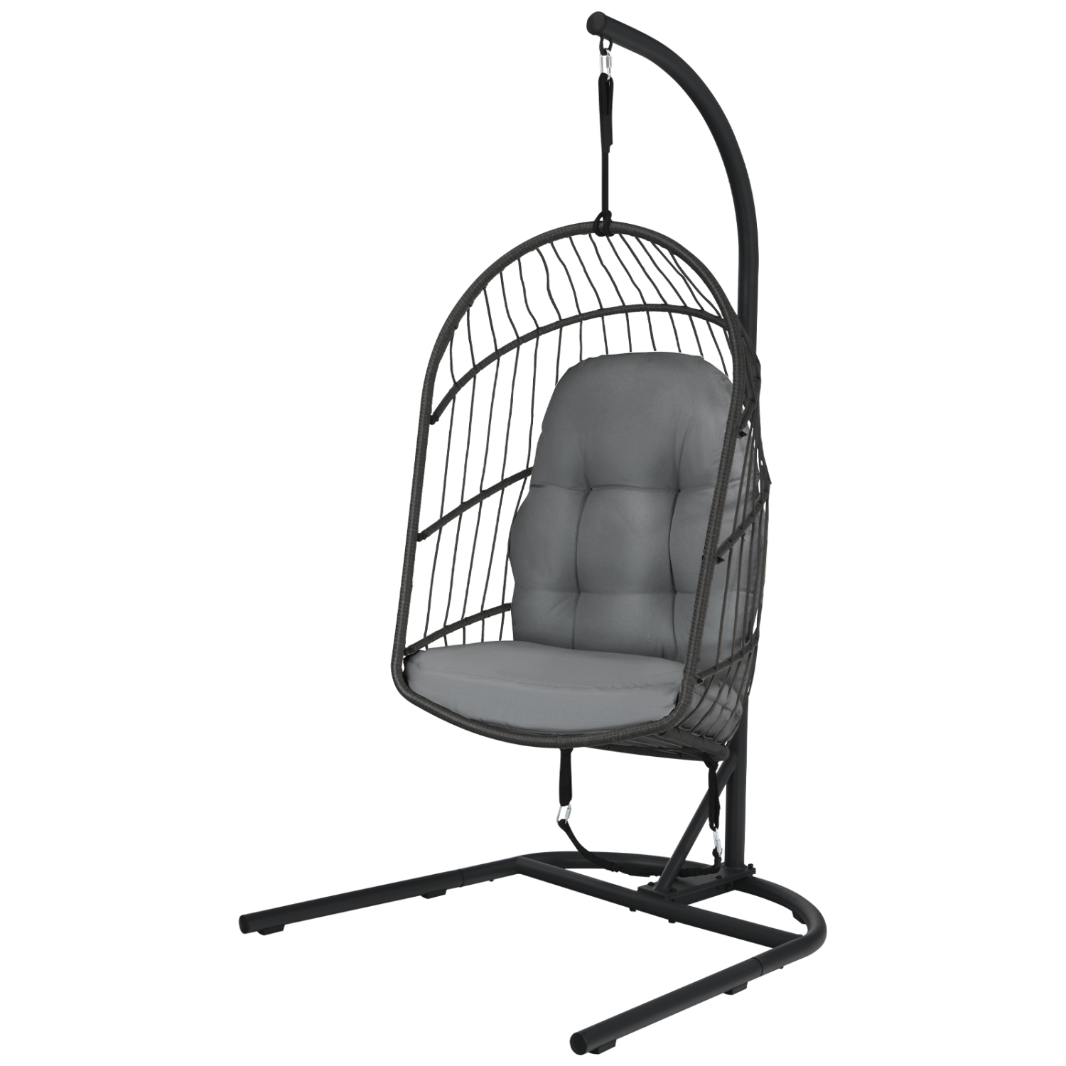 Patiojoy Modern Rattan Hanging Egg Swing Chair w/Stand Foldable Cushioned Hammock Gray/Beige