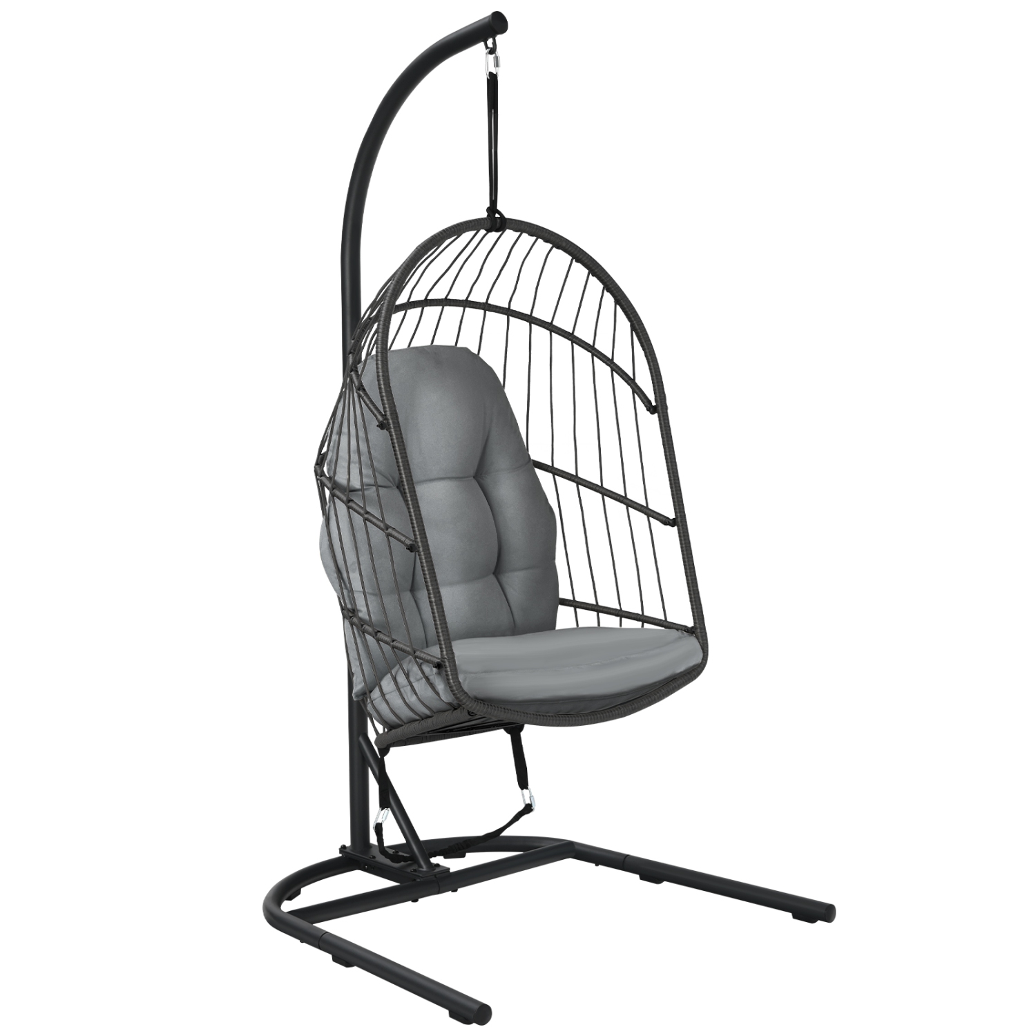 Patiojoy Modern Rattan Hanging Egg Swing Chair w/Stand Foldable Cushioned Hammock Gray/Beige