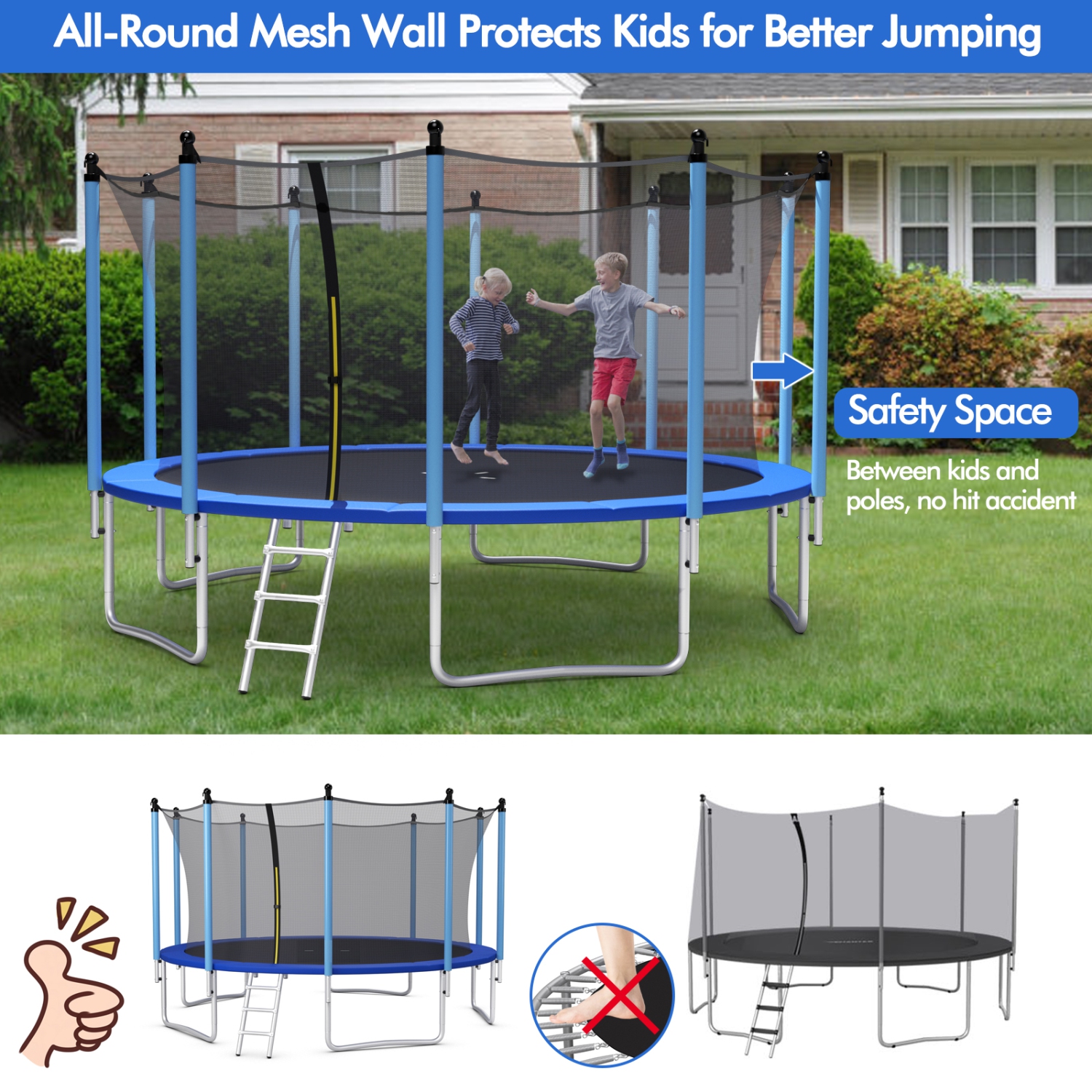 Patiojoy 15Ft Jumping Exercise ASTM Certified Approved Recreational Trampolines with Enclosure Net